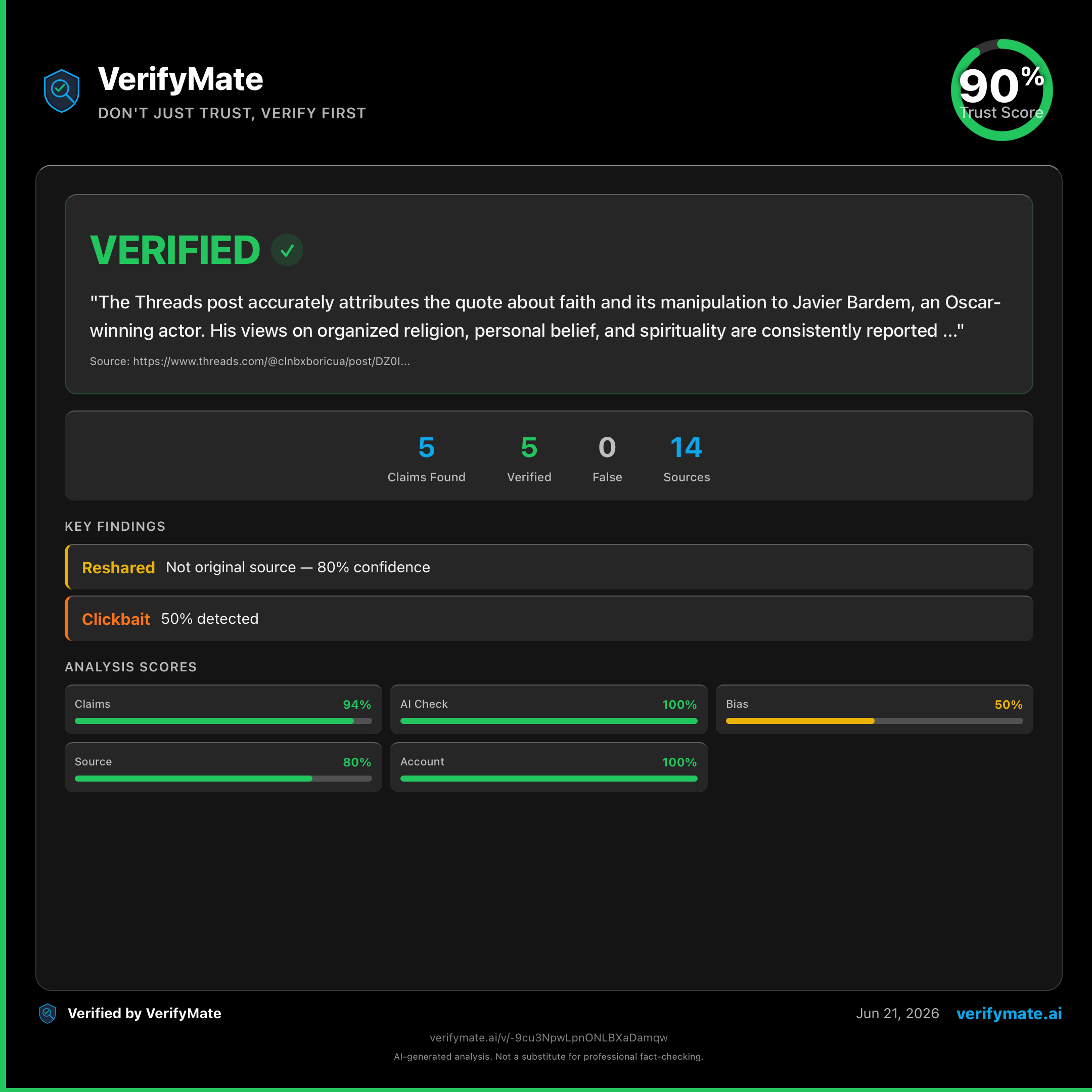 verified verification card — Trust Score 90/100