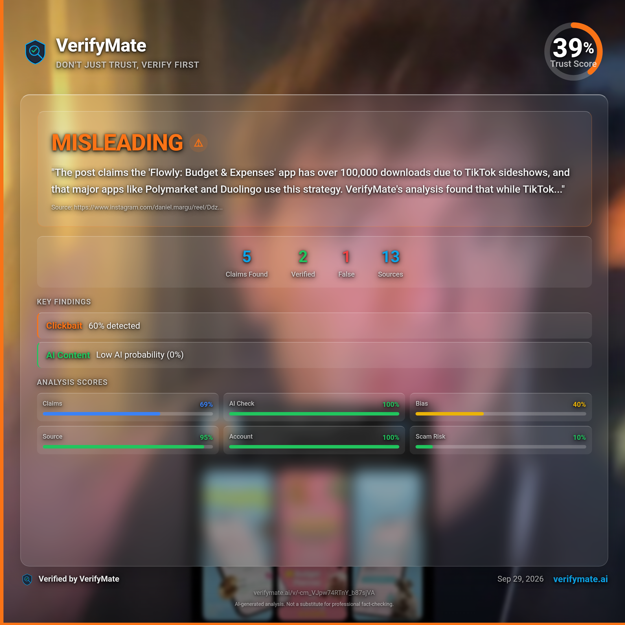 misleading verification card — Trust Score 39/100