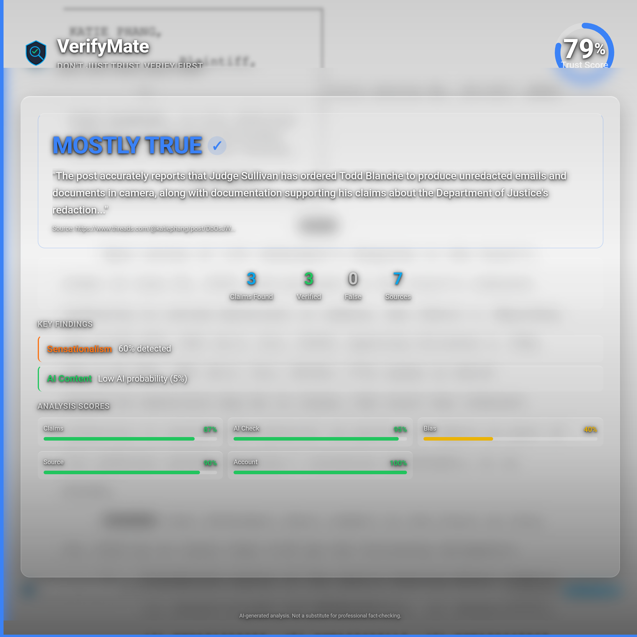 mostly true verification card — Trust Score 79/100