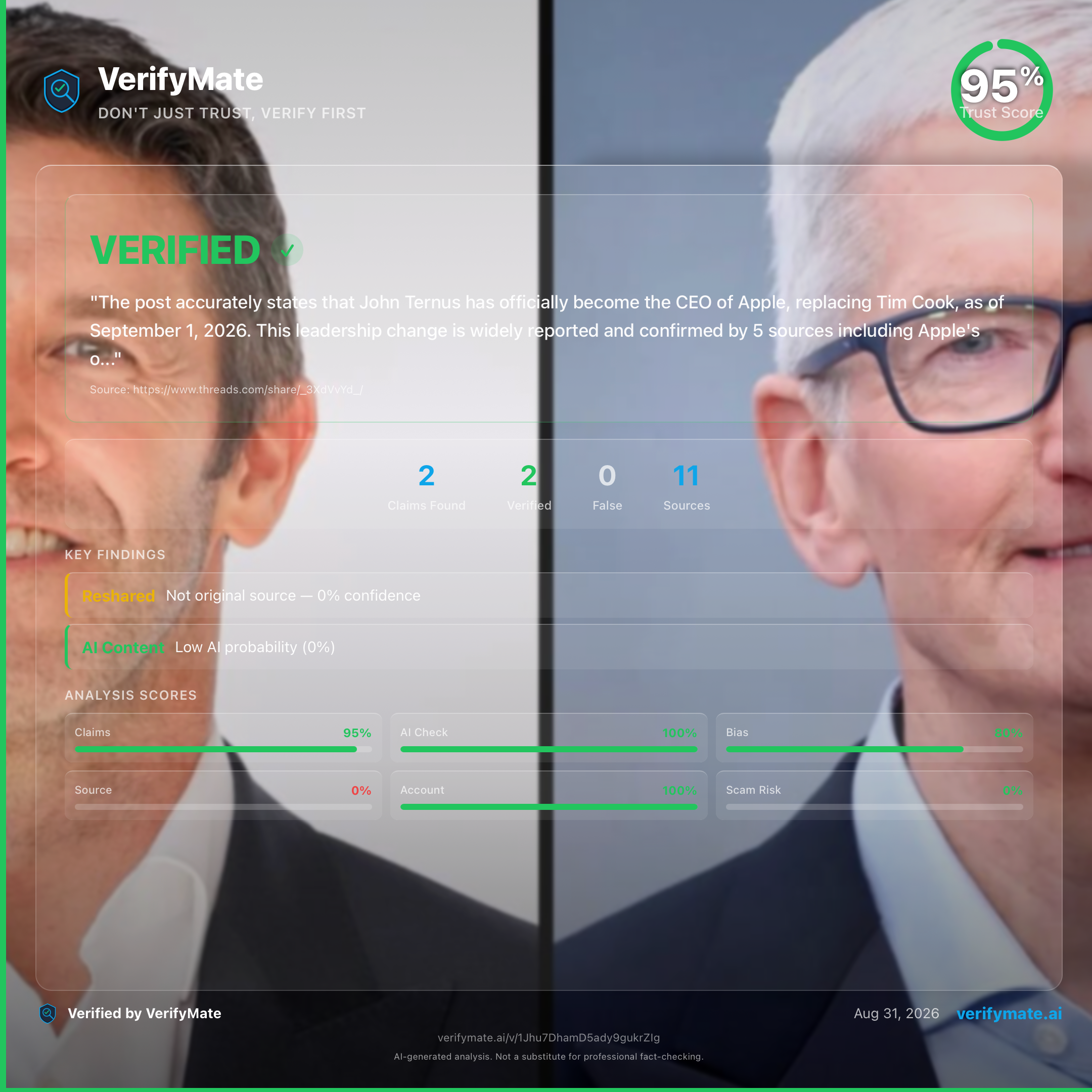 verified verification card — Trust Score 95/100