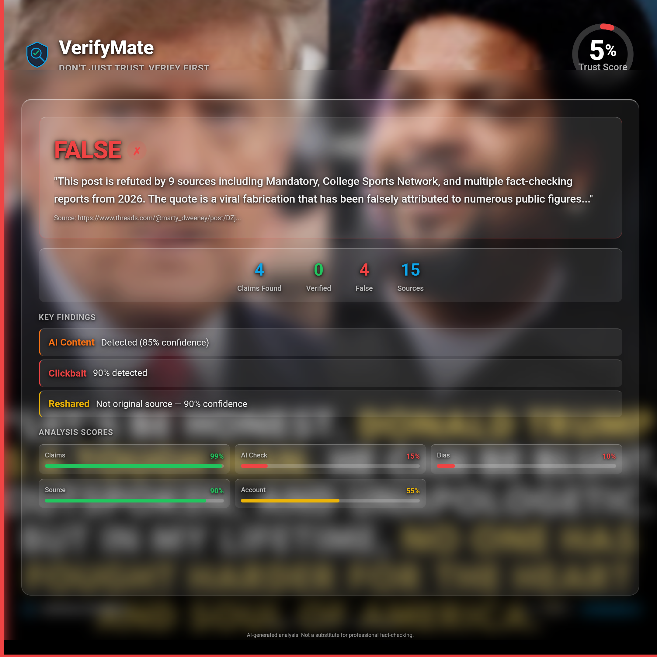 false verification card — Trust Score 5/100