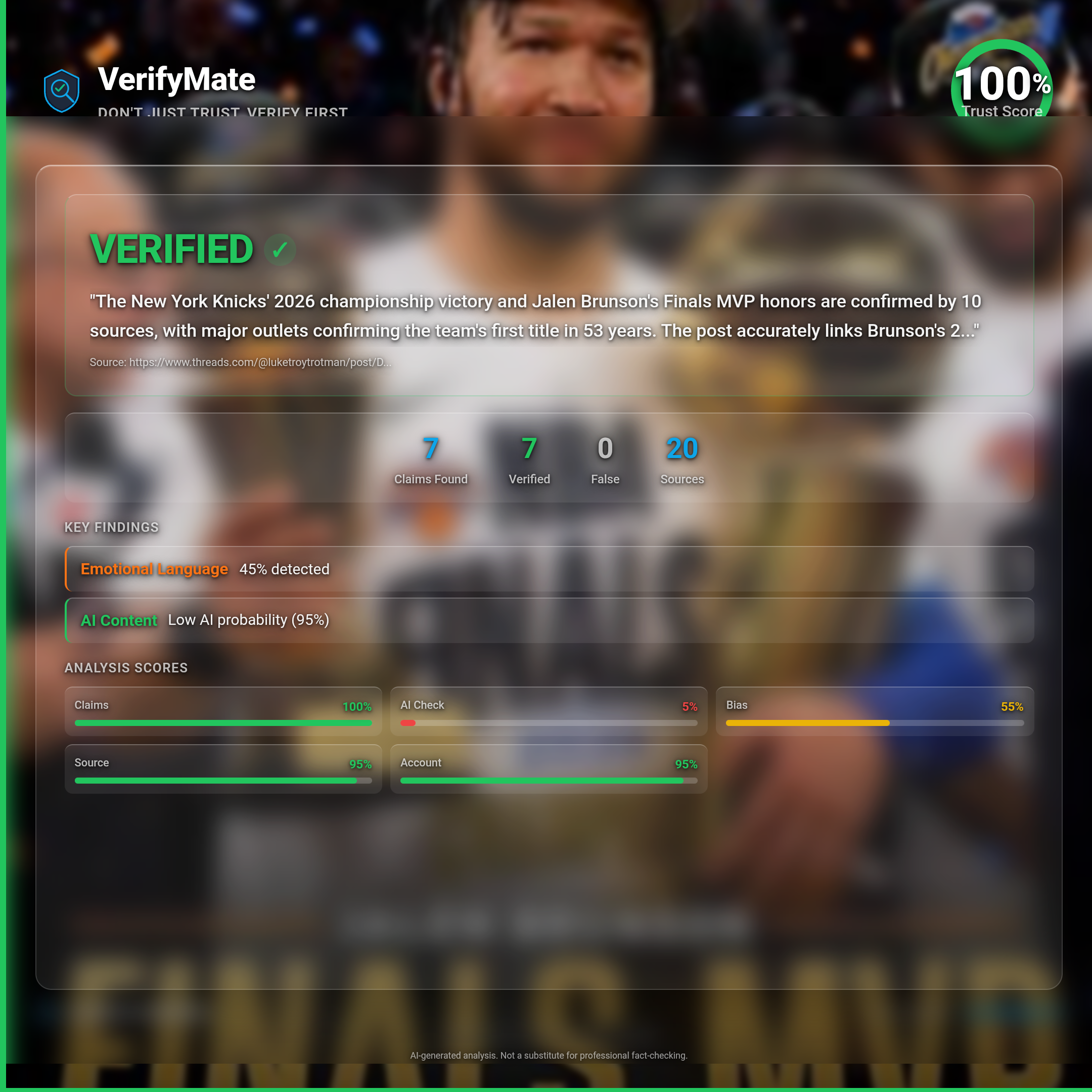 verified verification card — Trust Score 100/100
