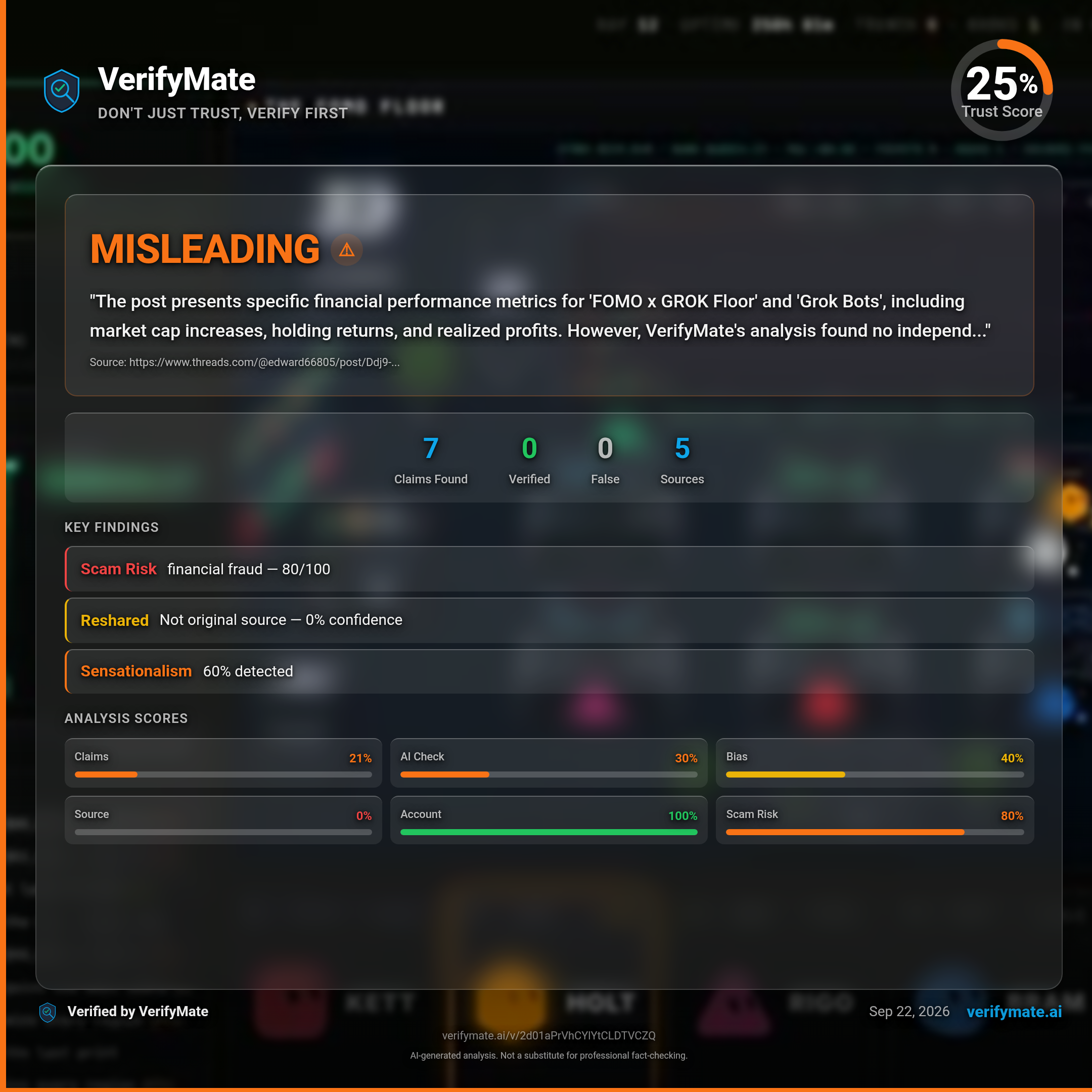 misleading verification card — Trust Score 25/100