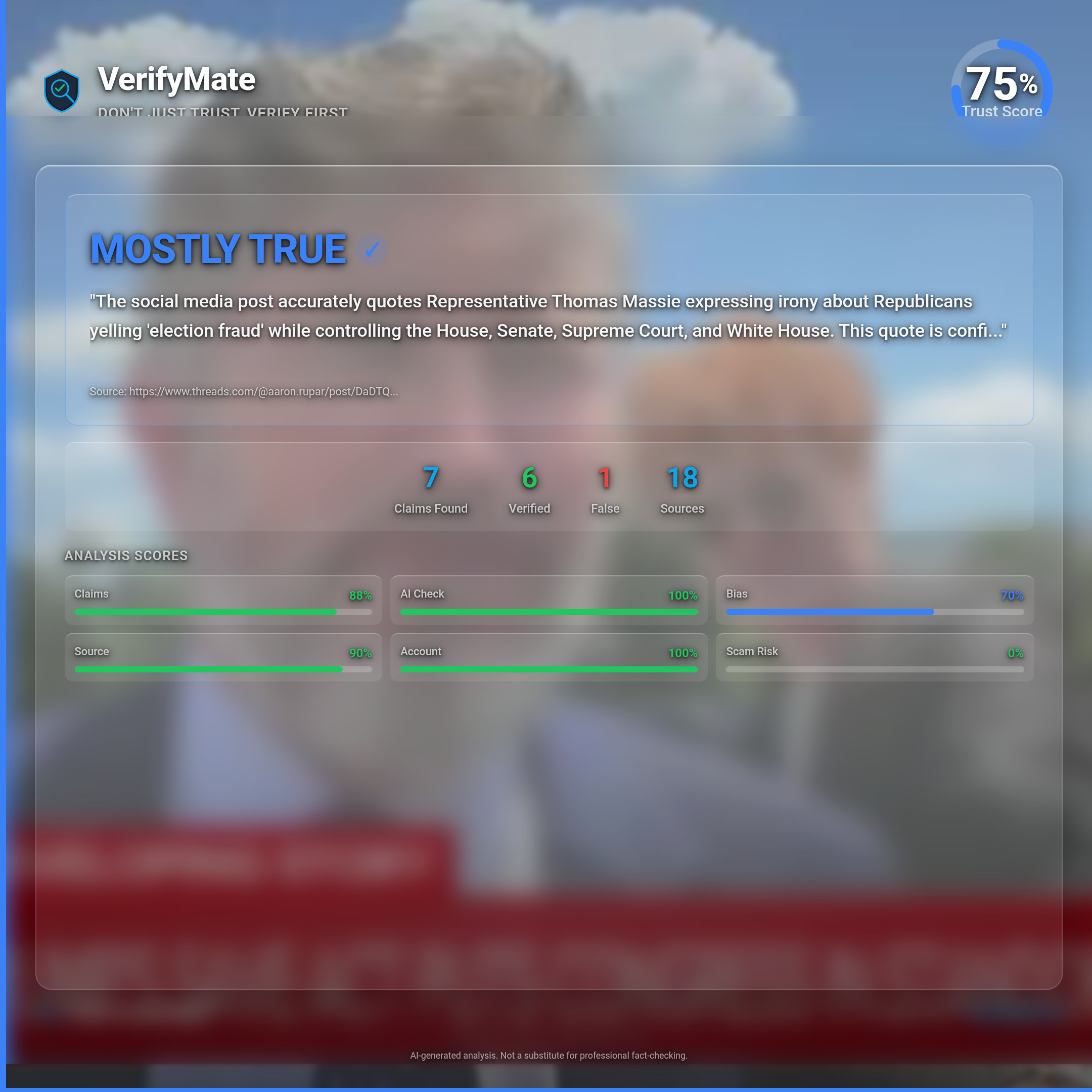 mostly true verification card — Trust Score 75/100