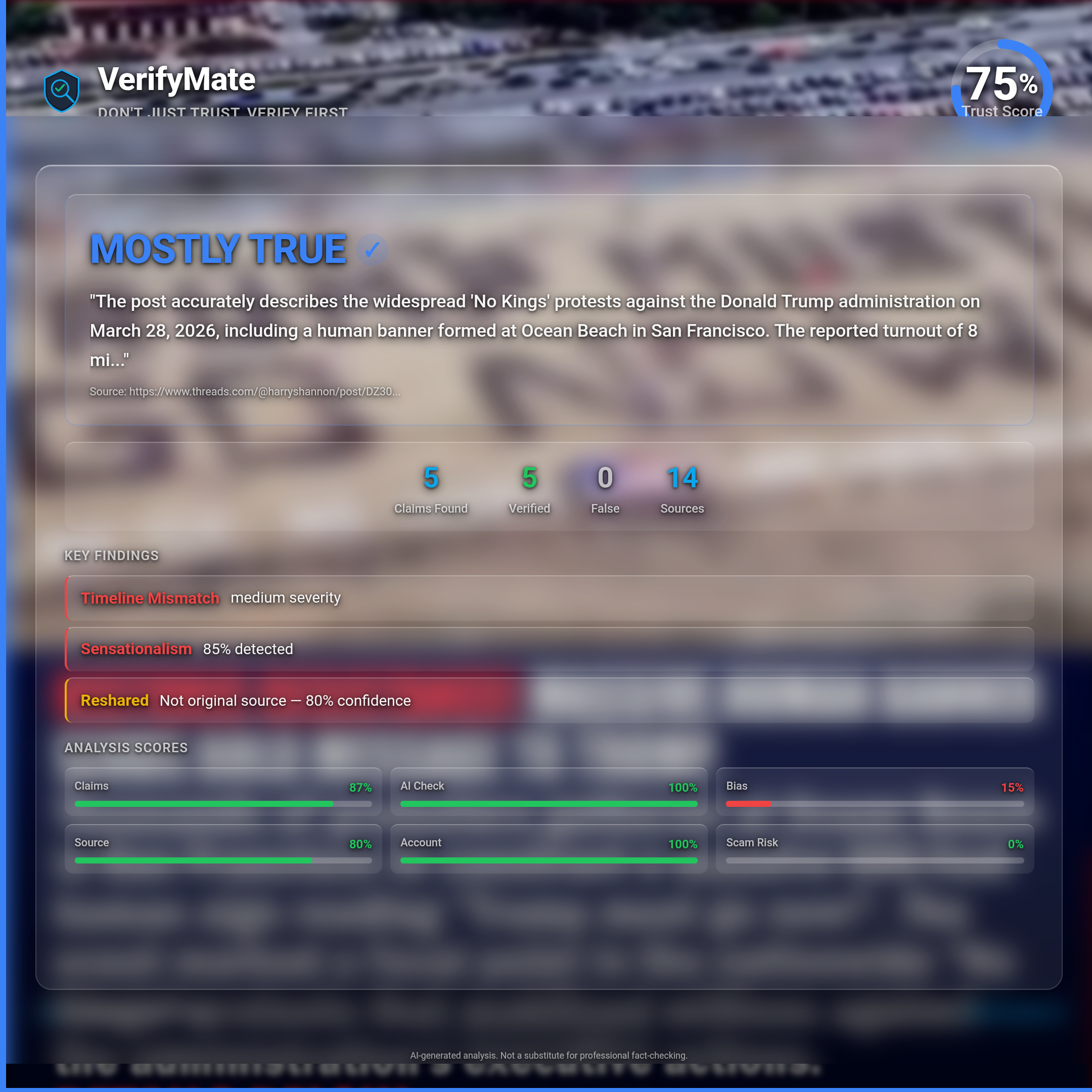 mostly true verification card — Trust Score 75/100