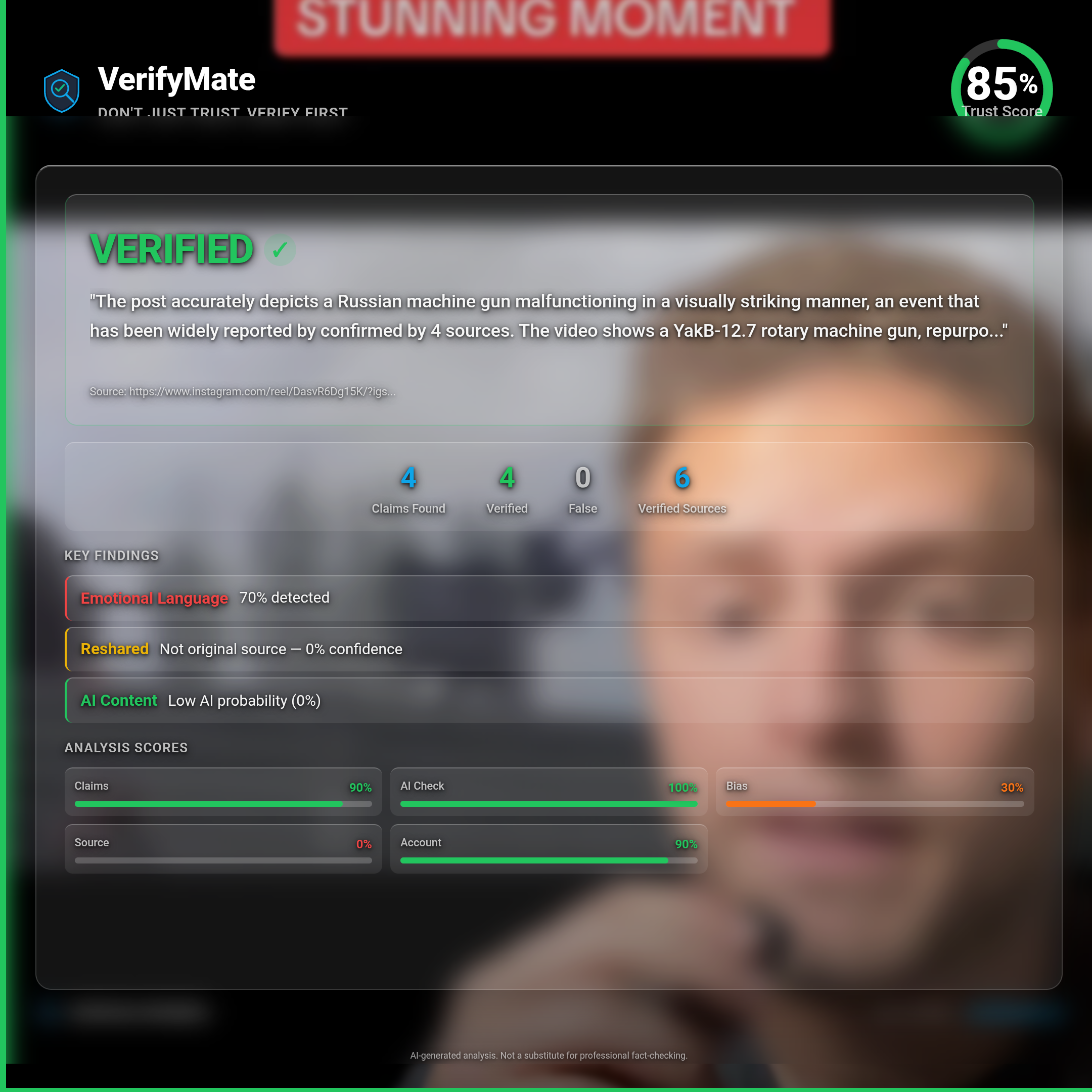 verified verification card — Trust Score 85/100