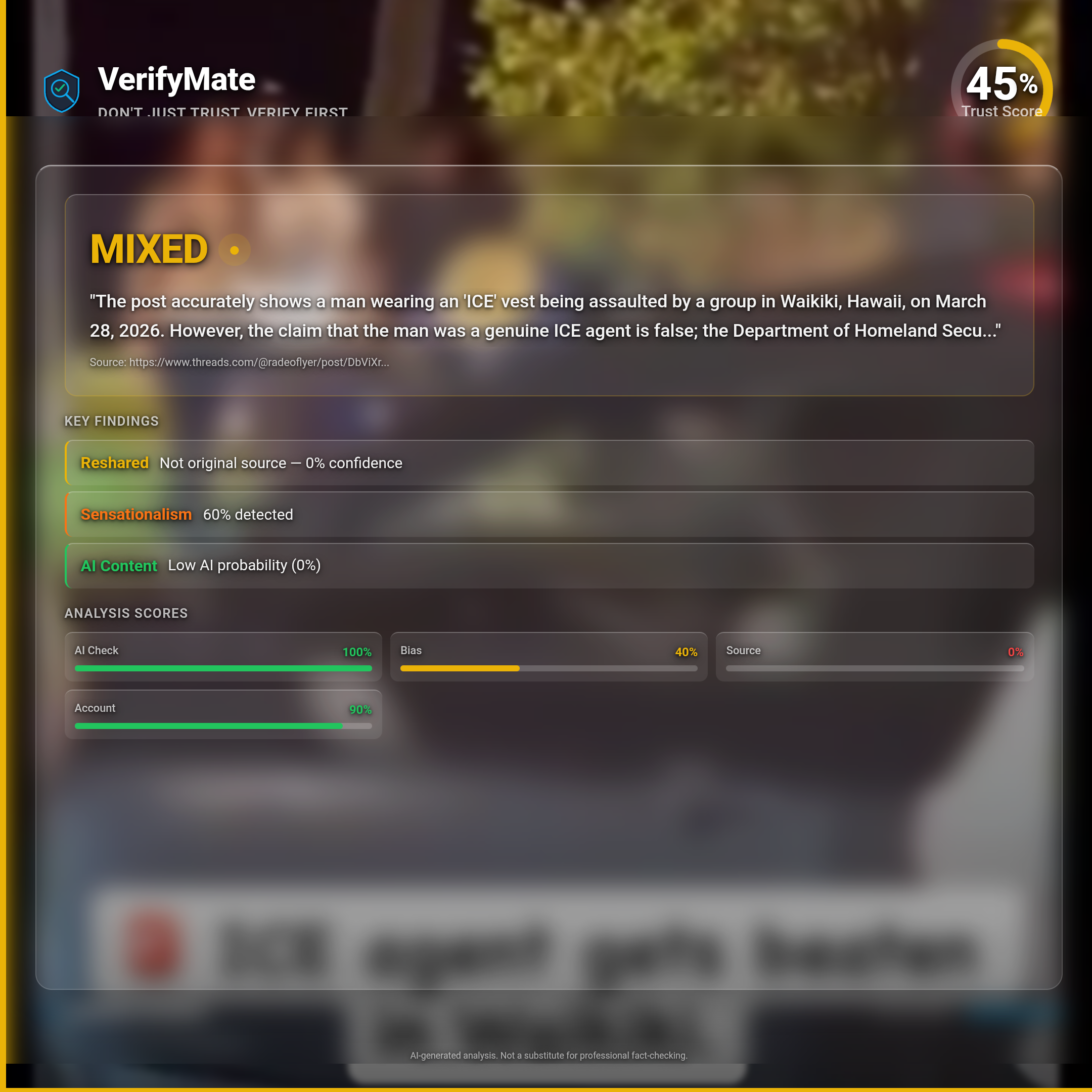 mixed verification card — Trust Score 45/100