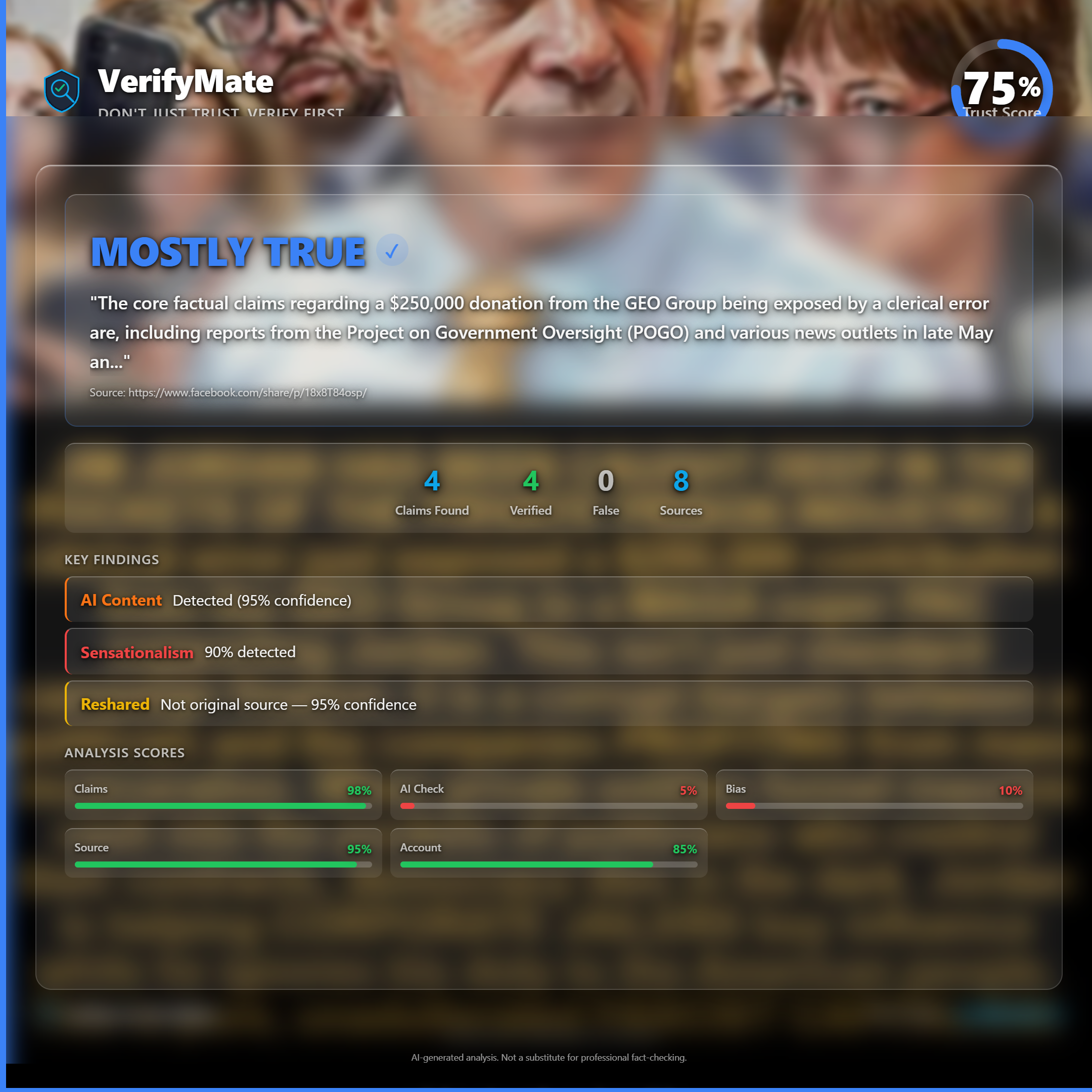 mostly true verification card — Trust Score 75/100