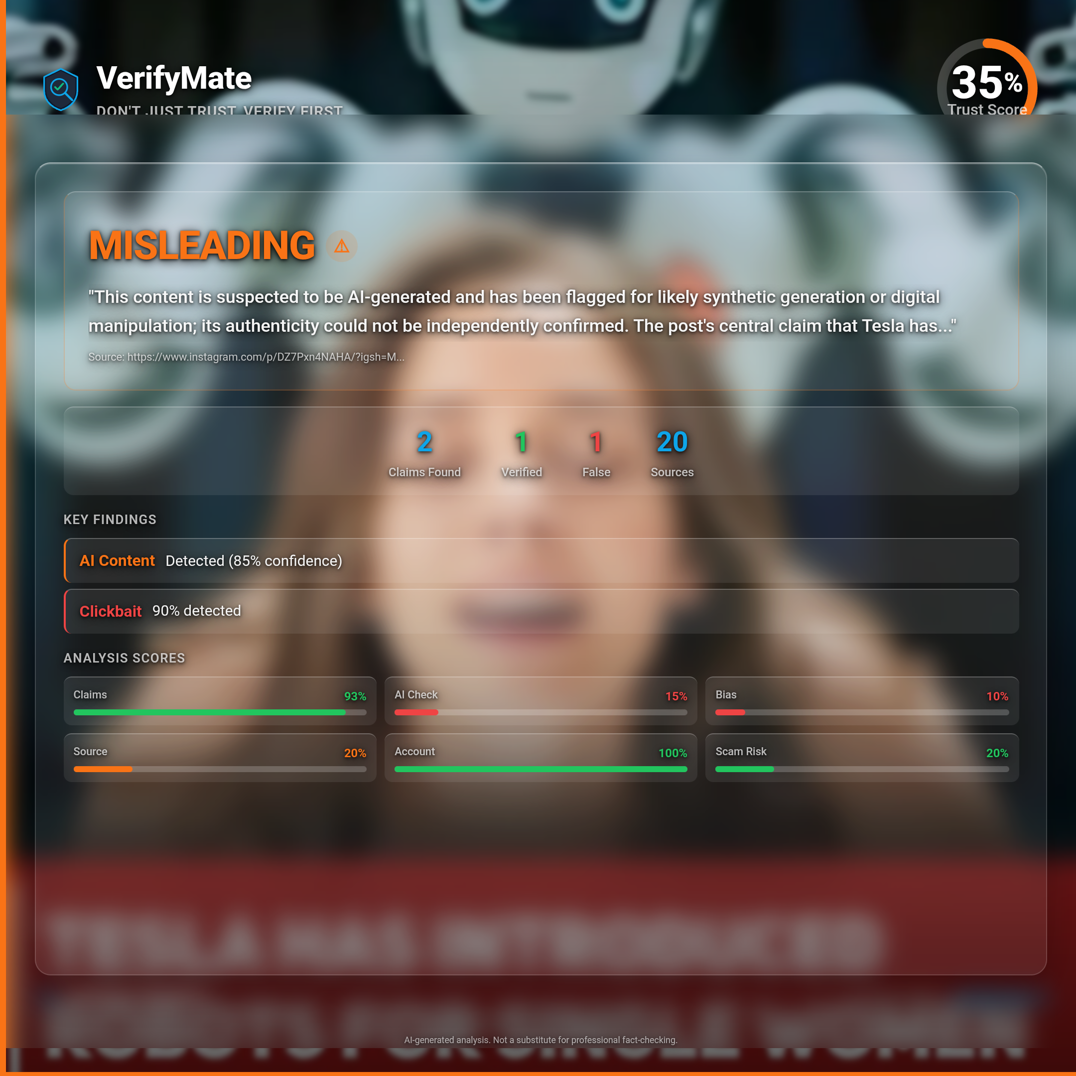 misleading verification card — Trust Score 35/100