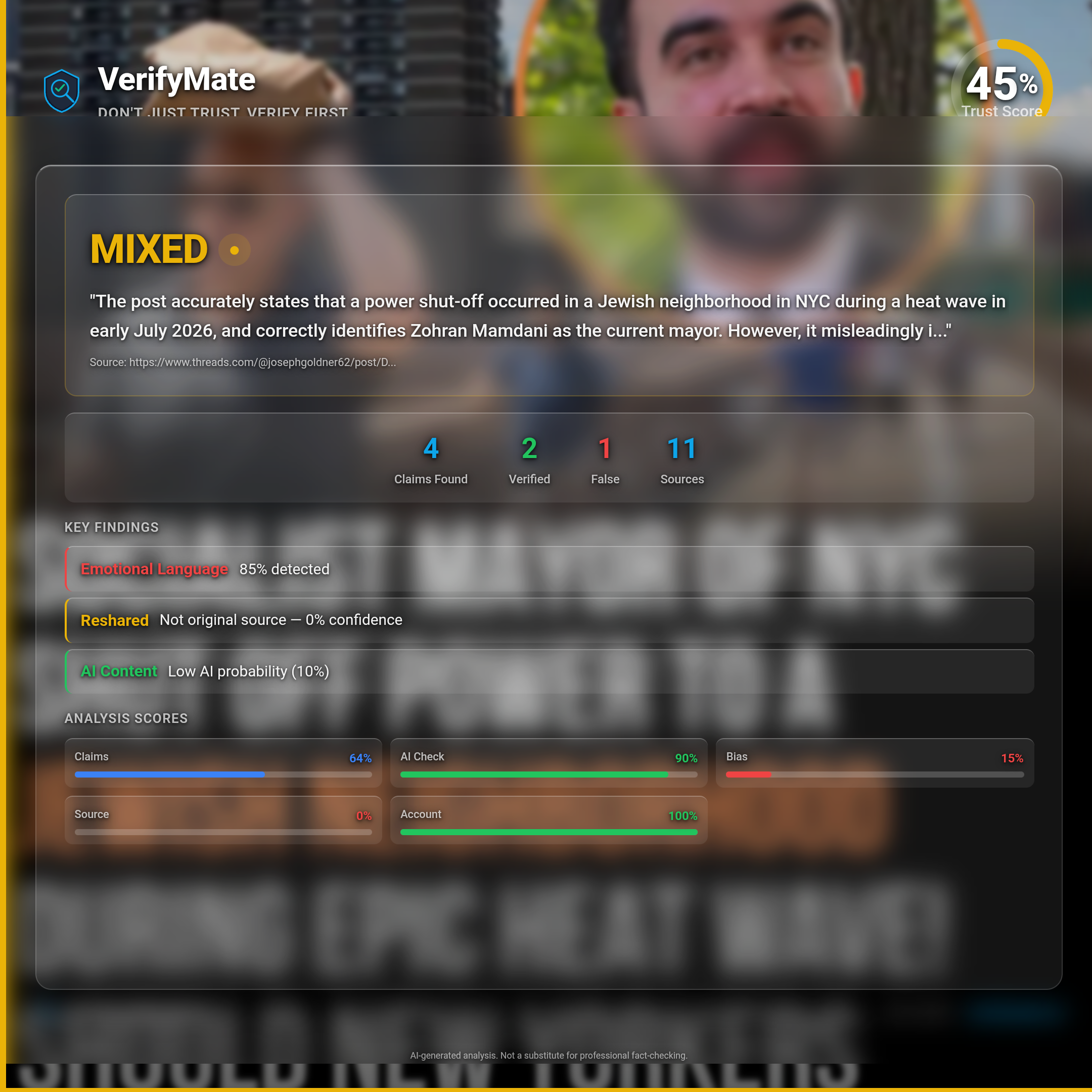 mixed verification card — Trust Score 45/100