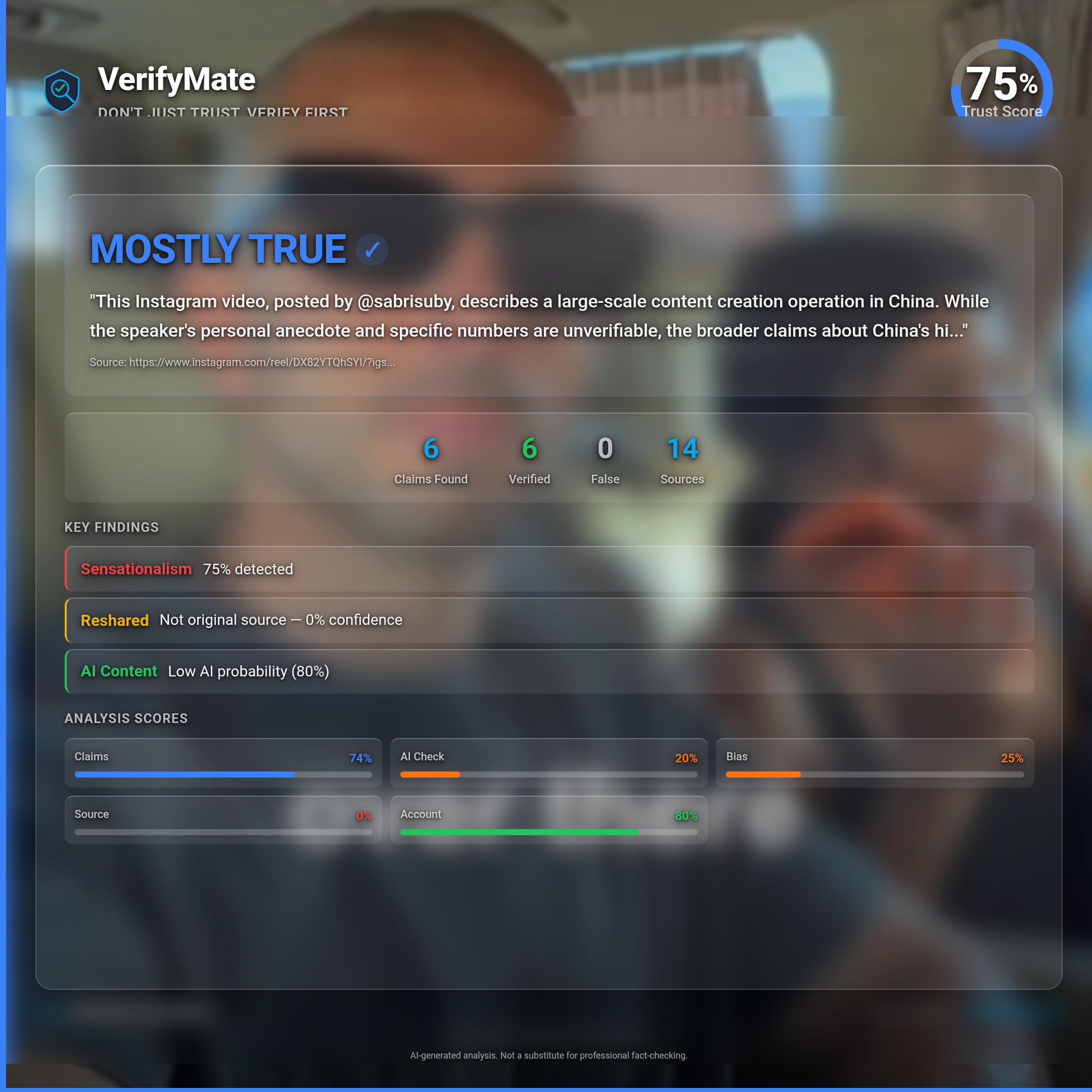mostly true verification card — Trust Score 75/100