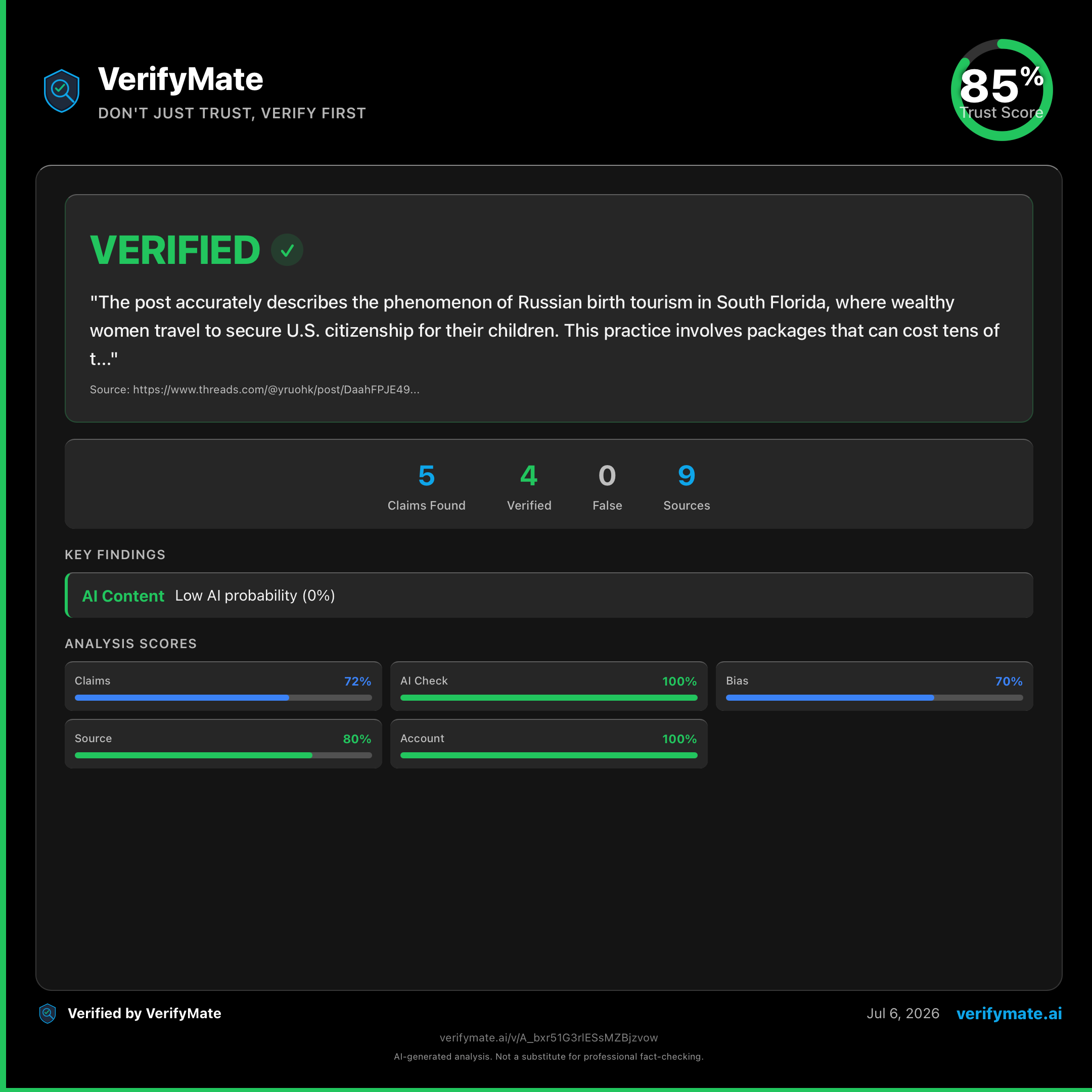 verified verification card — Trust Score 85/100