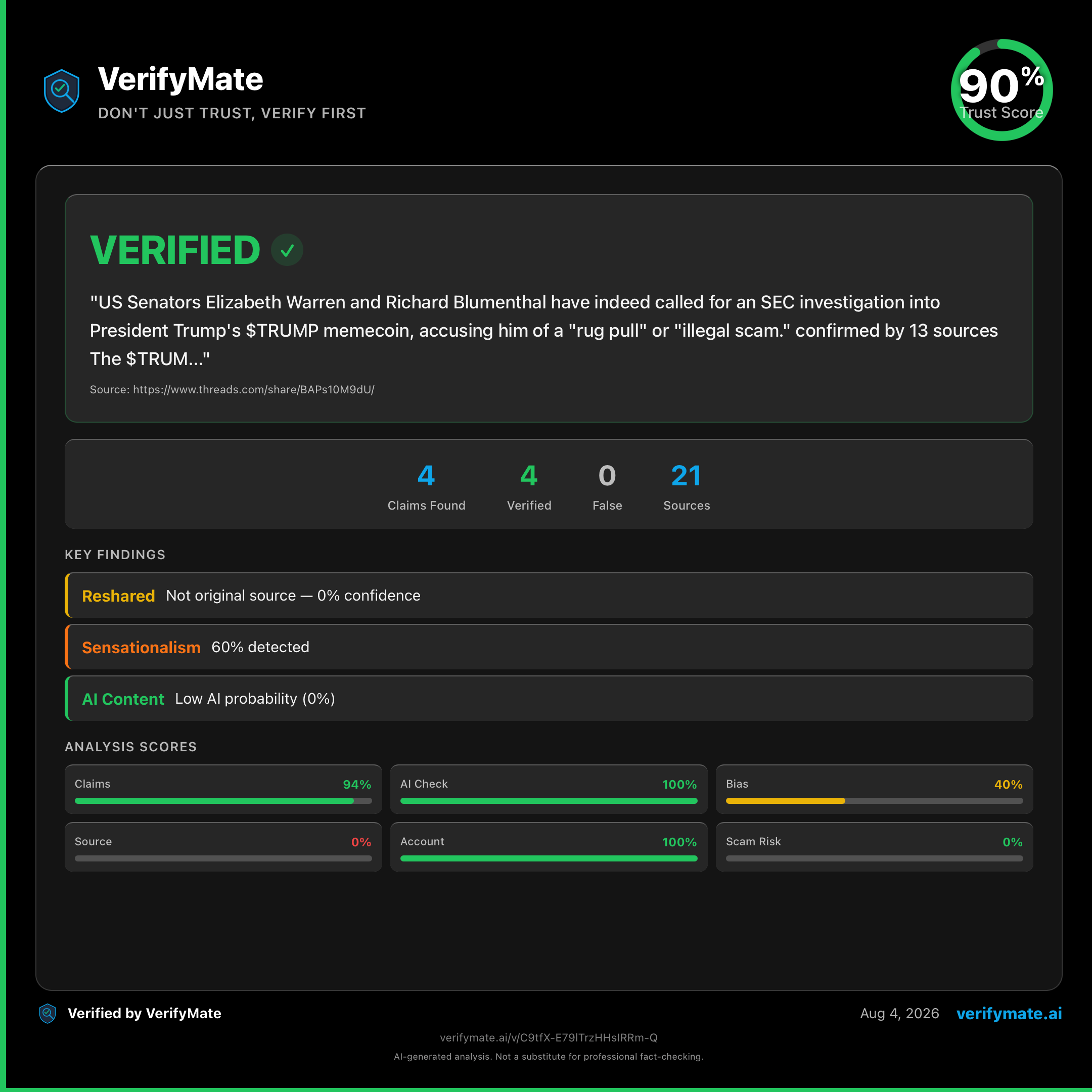 verified verification card — Trust Score 90/100