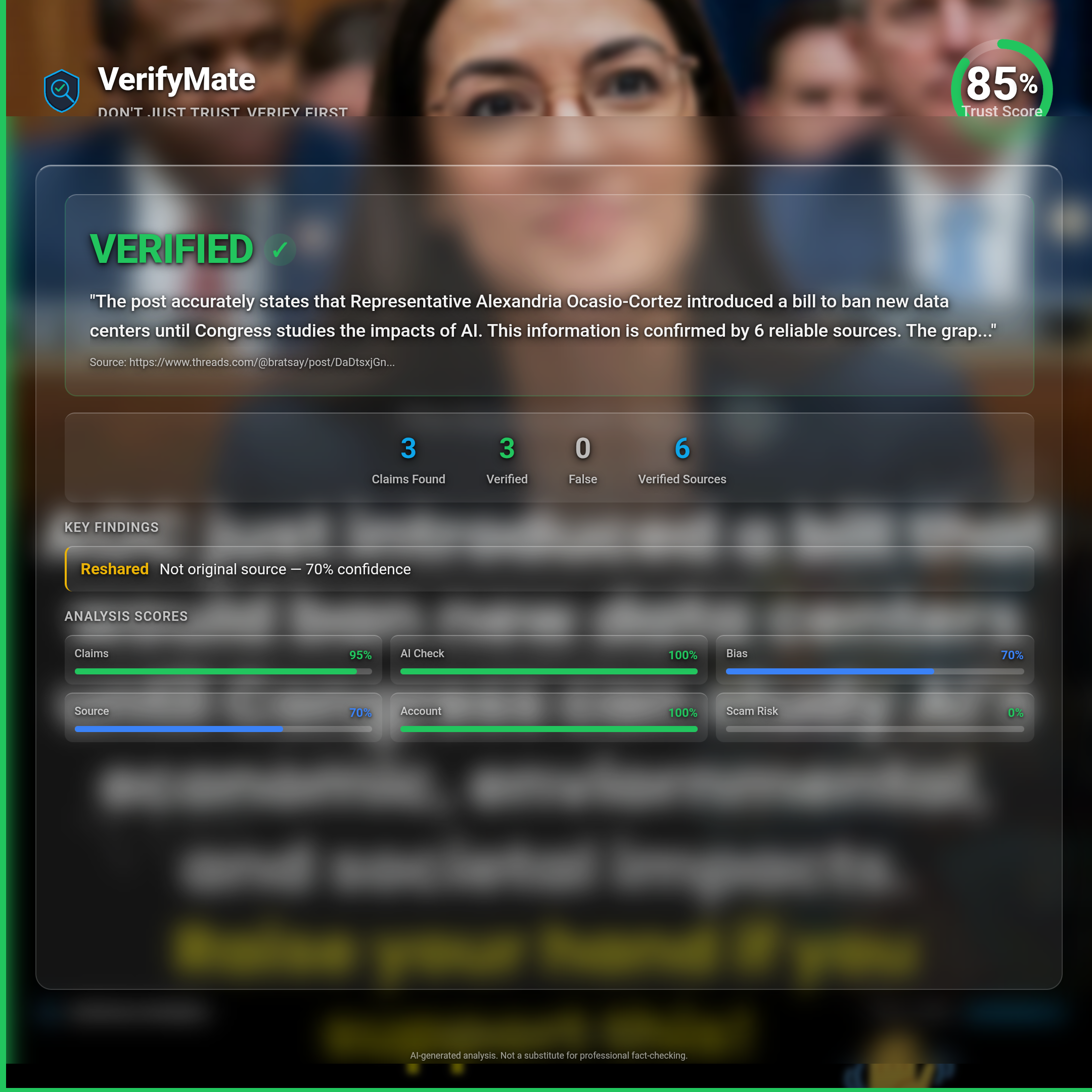 verified verification card — Trust Score 85/100