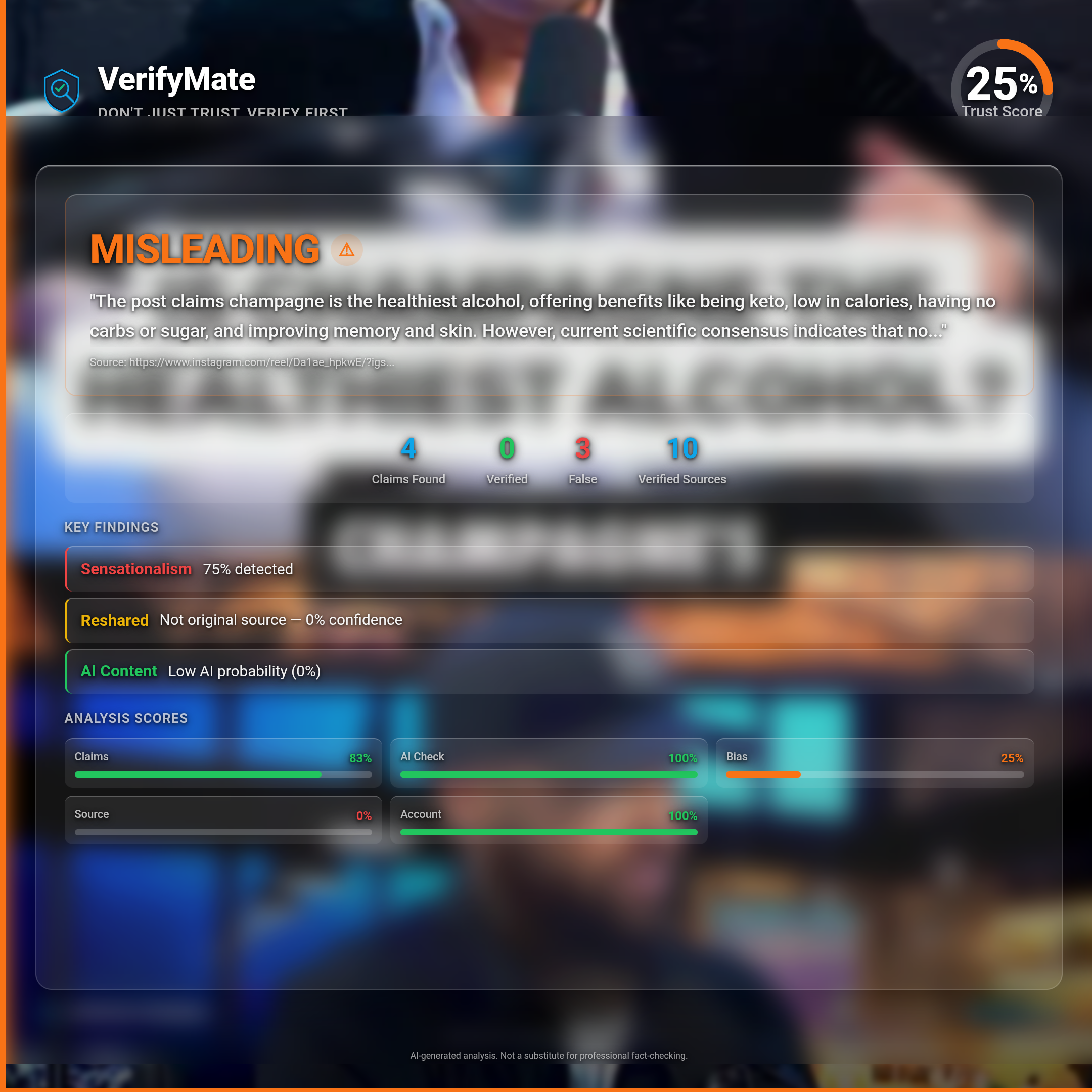 misleading verification card — Trust Score 25/100