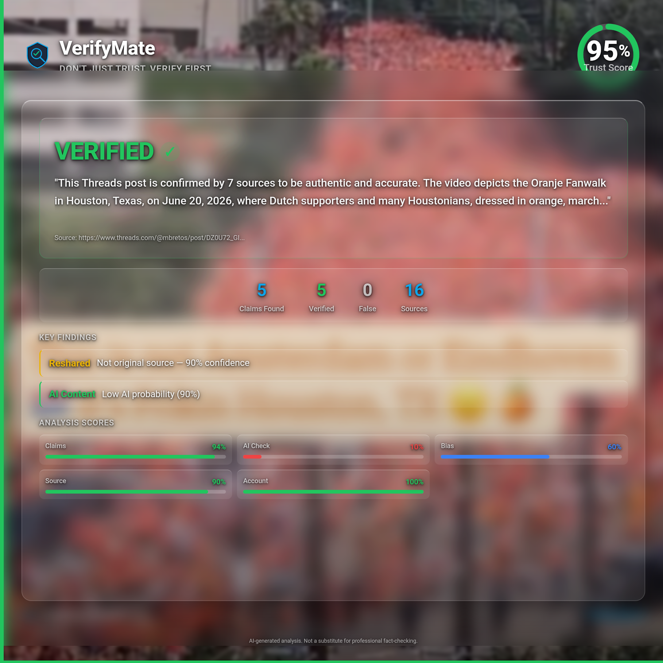 verified verification card — Trust Score 95/100