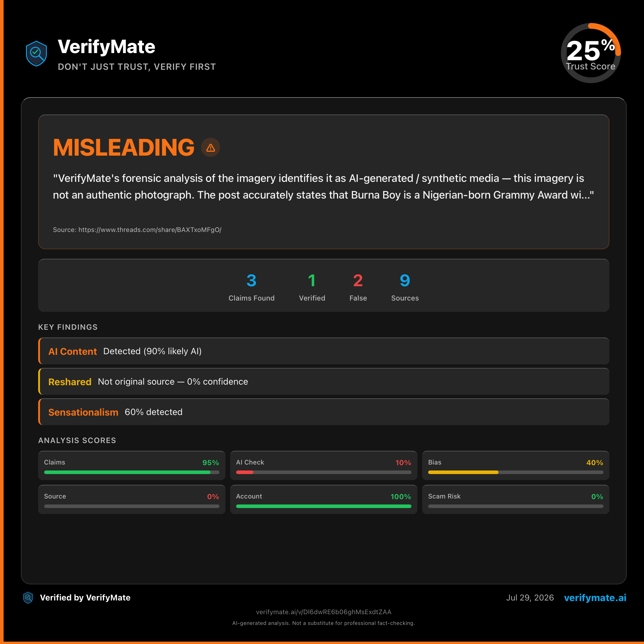 misleading verification card — Trust Score 25/100