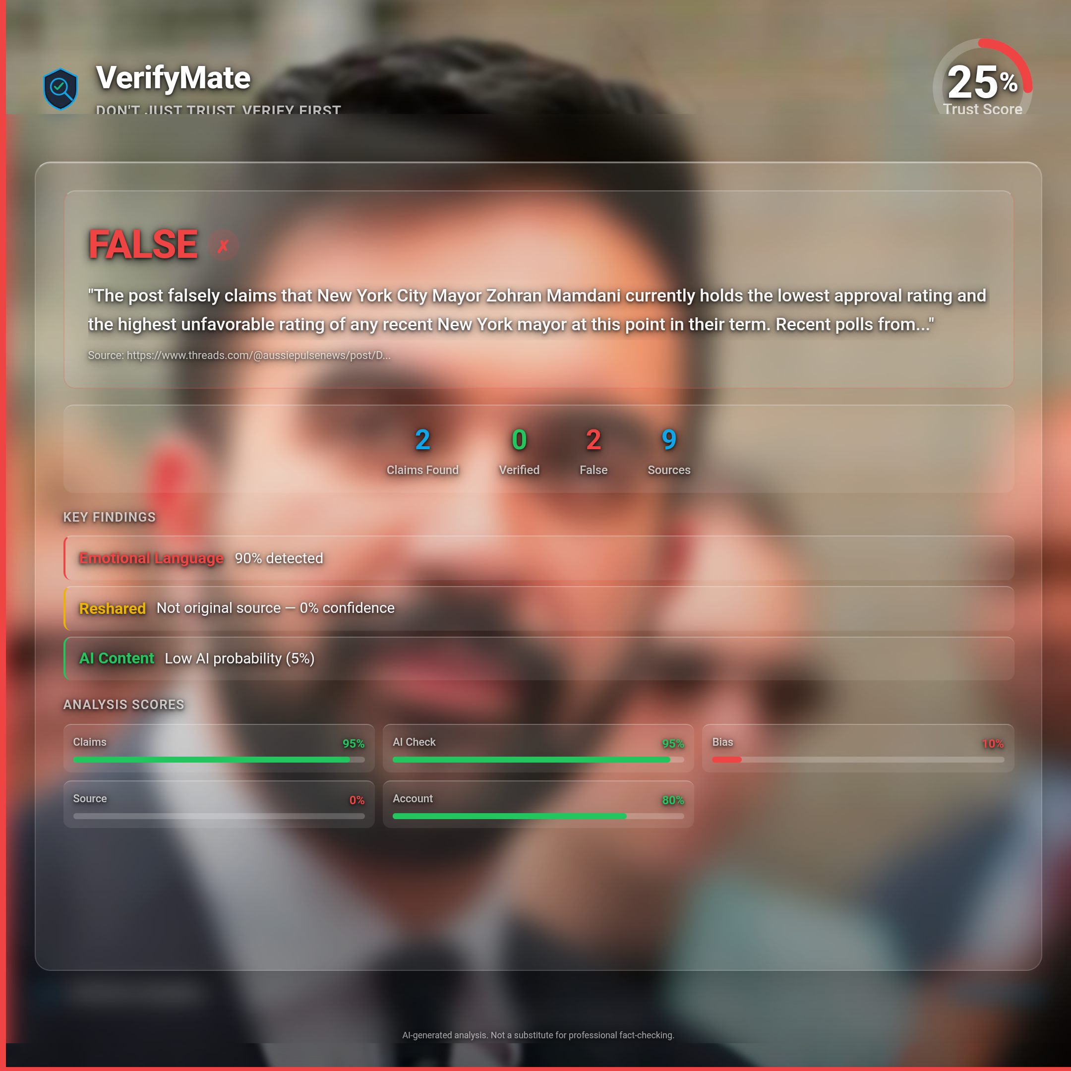 false verification card — Trust Score 25/100