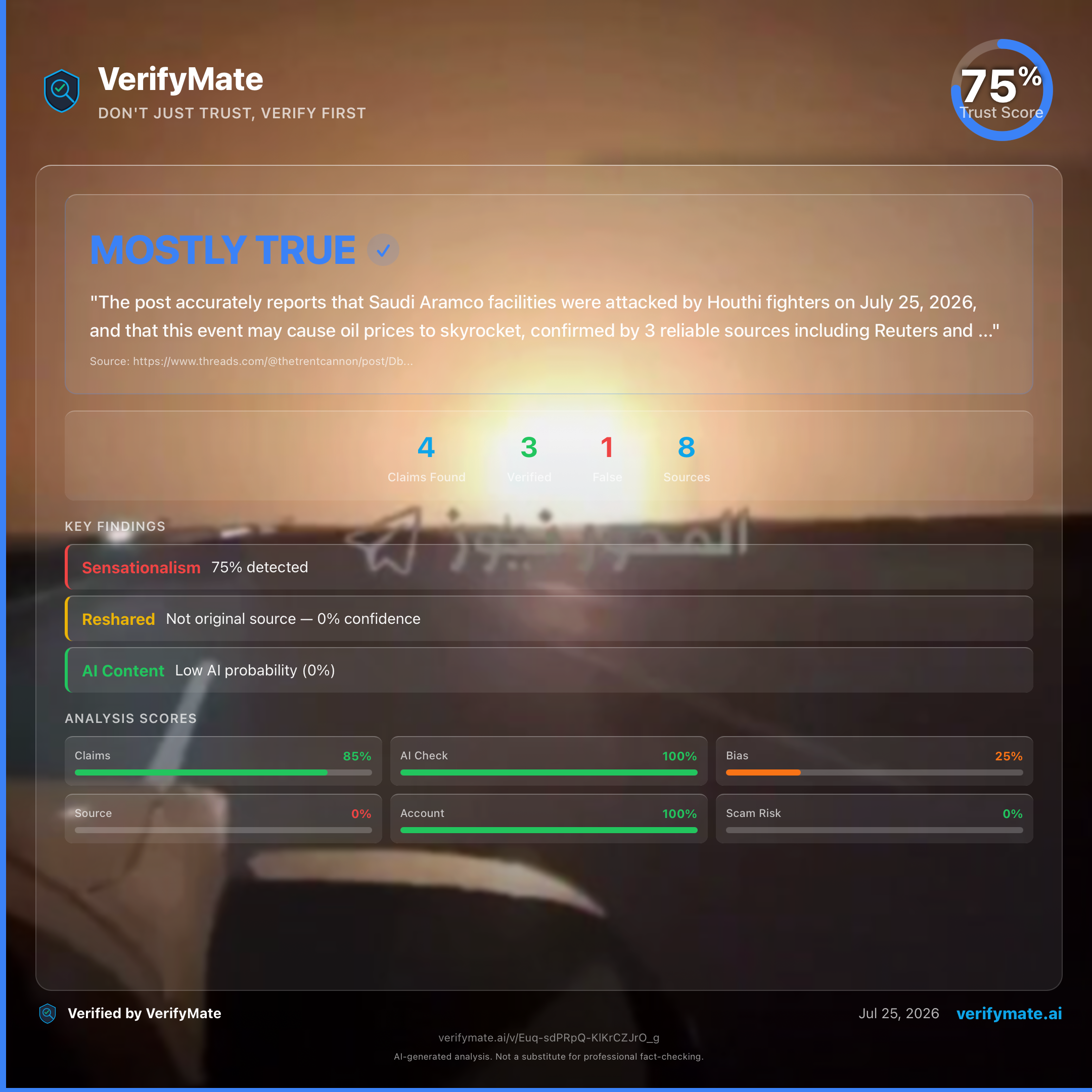 mostly true verification card — Trust Score 75/100
