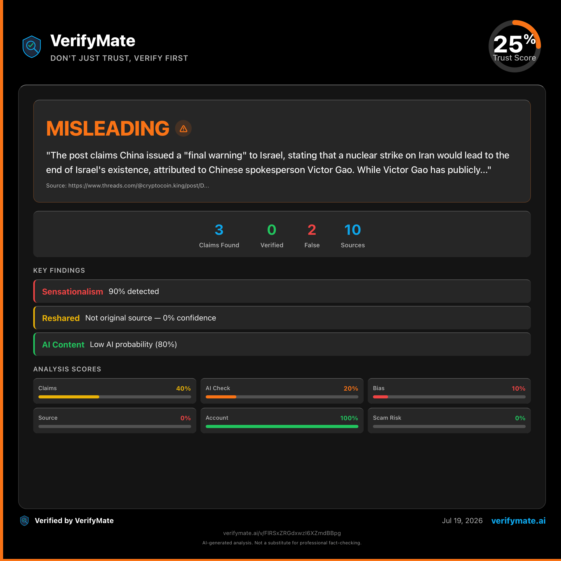 misleading verification card — Trust Score 25/100