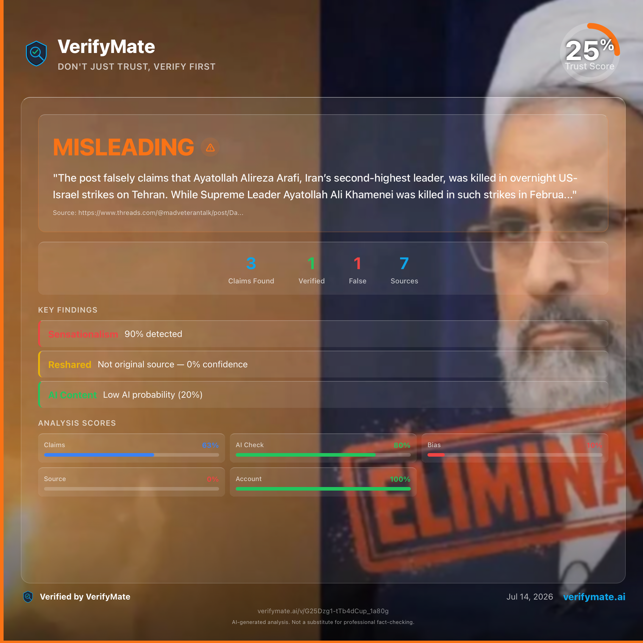 misleading verification card — Trust Score 25/100
