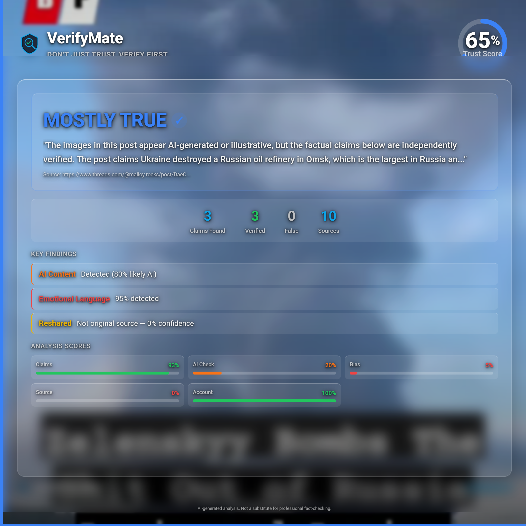 mostly true verification card — Trust Score 65/100