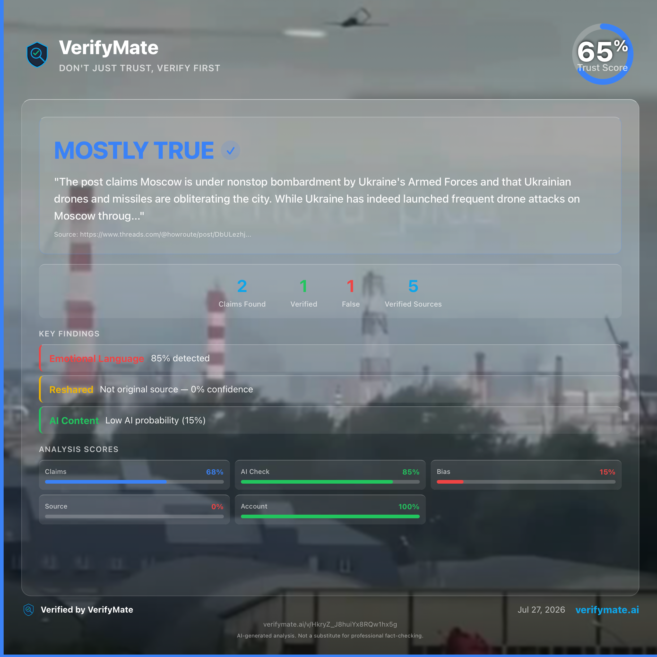 mostly true verification card — Trust Score 65/100