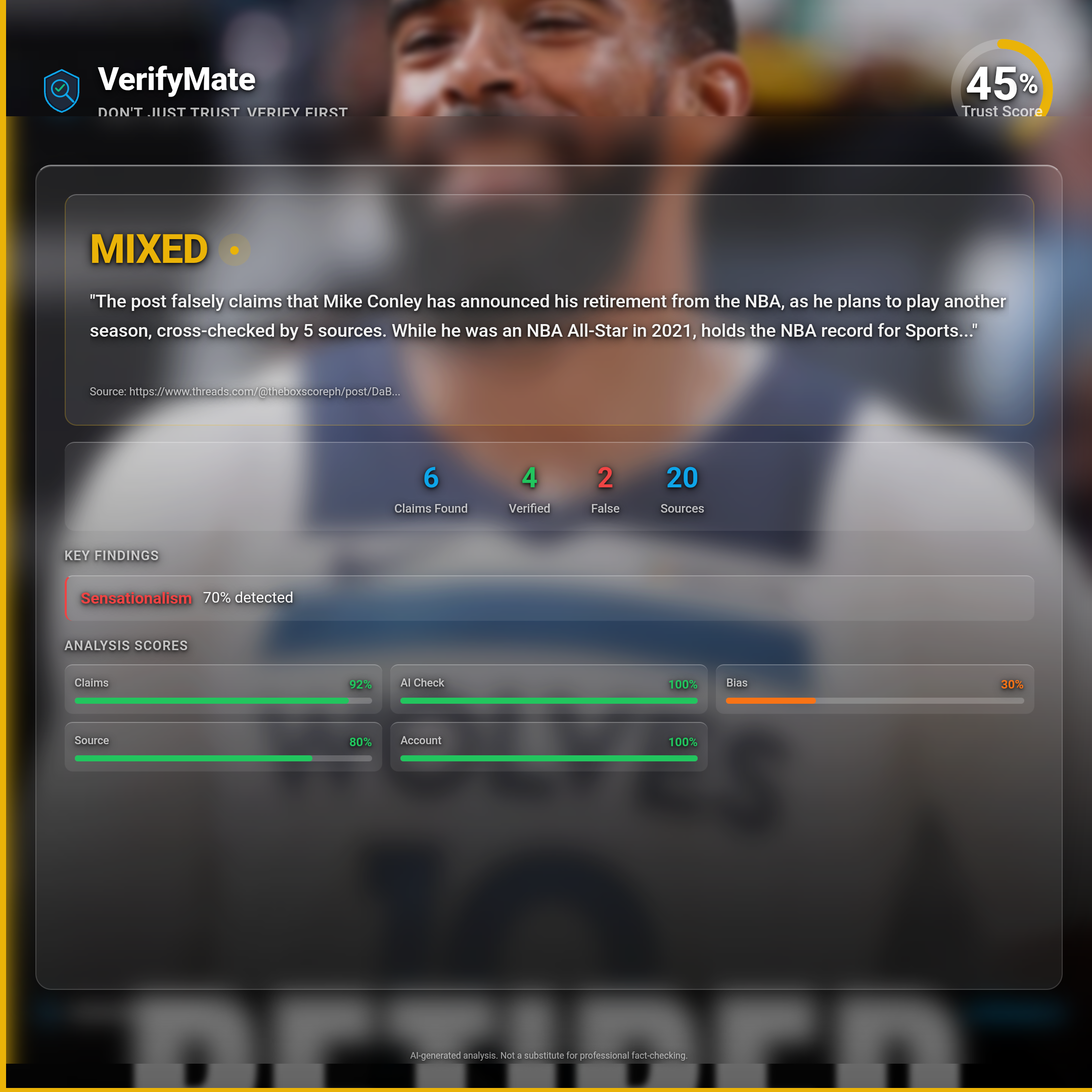 mixed verification card — Trust Score 45/100
