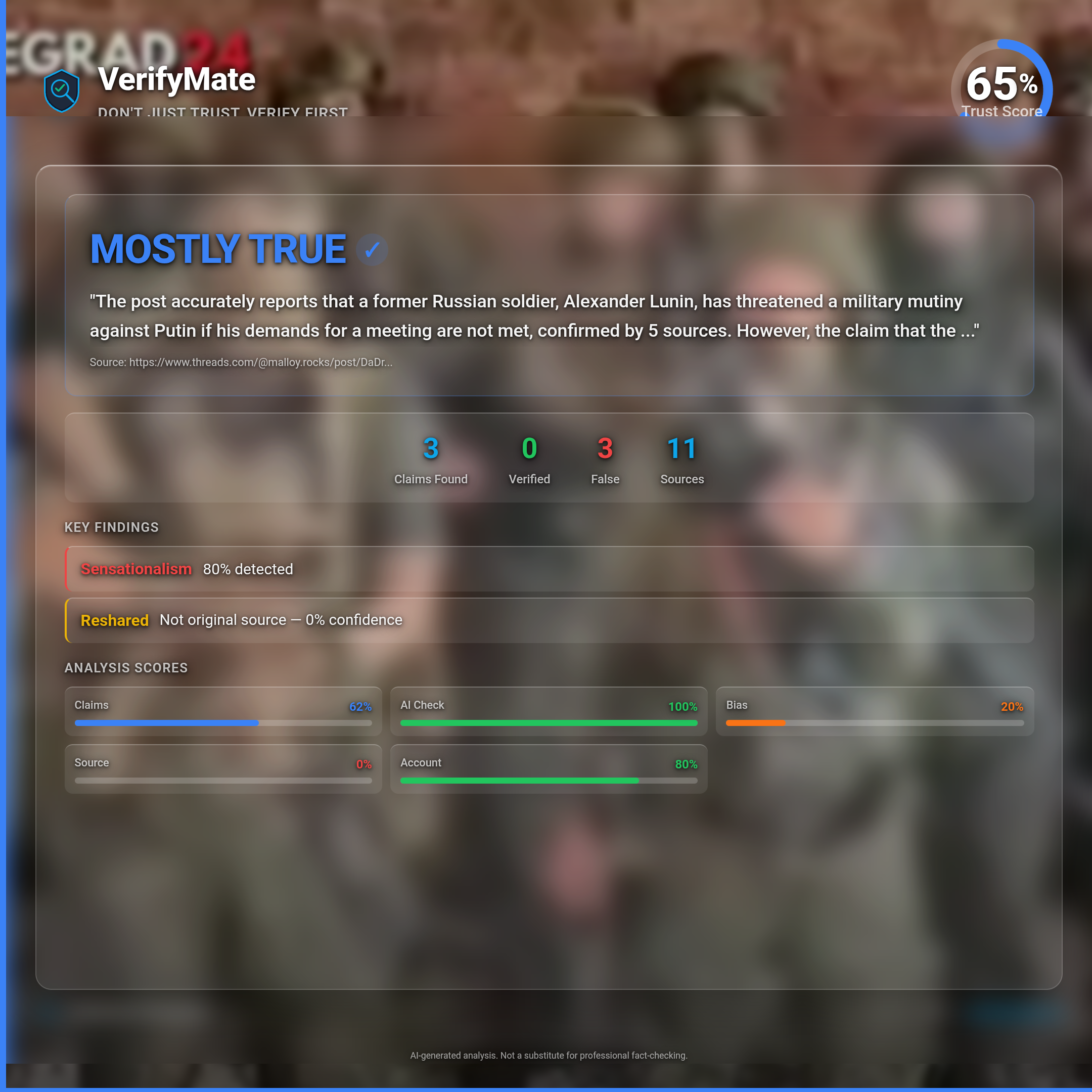 mostly true verification card — Trust Score 65/100