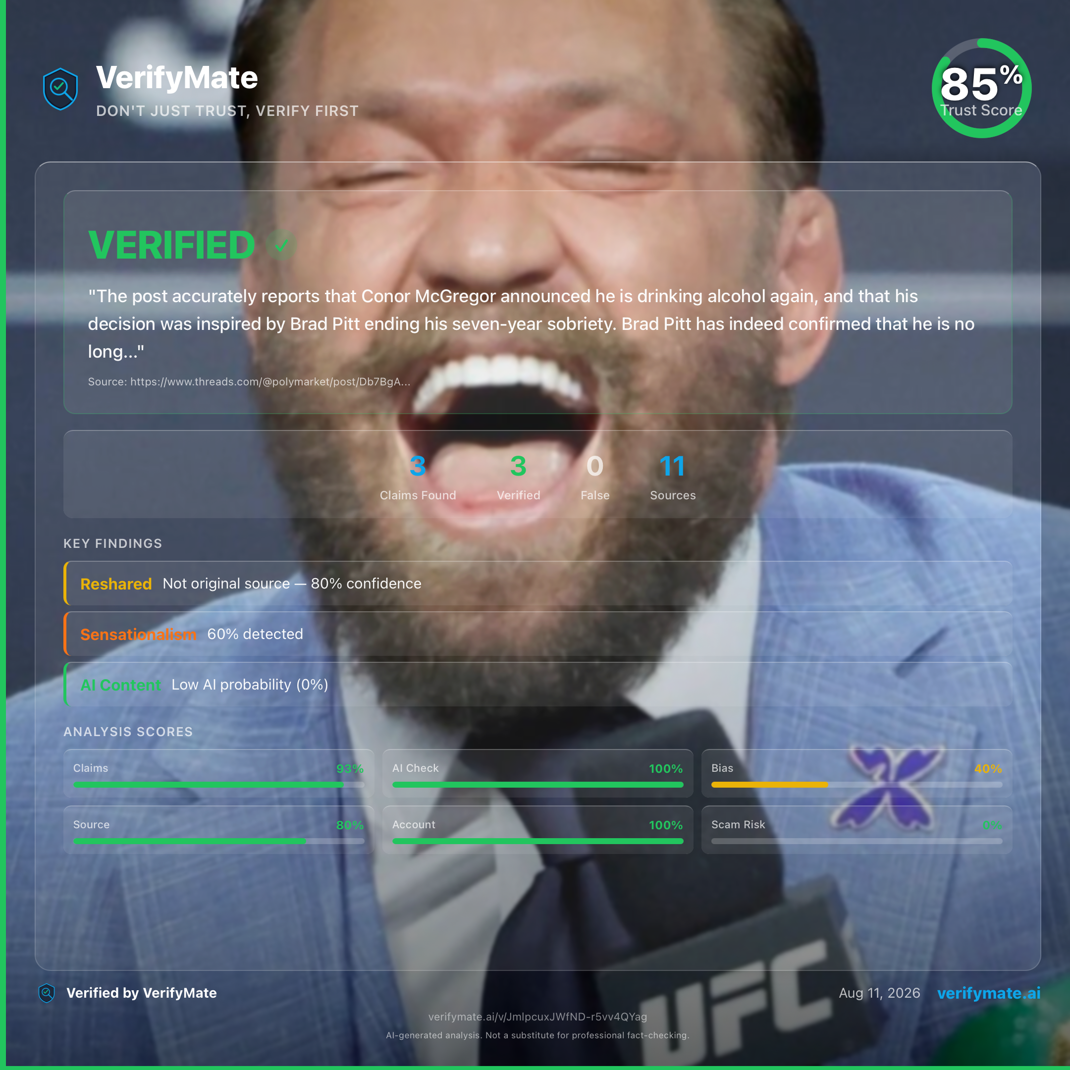 verified verification card — Trust Score 85/100