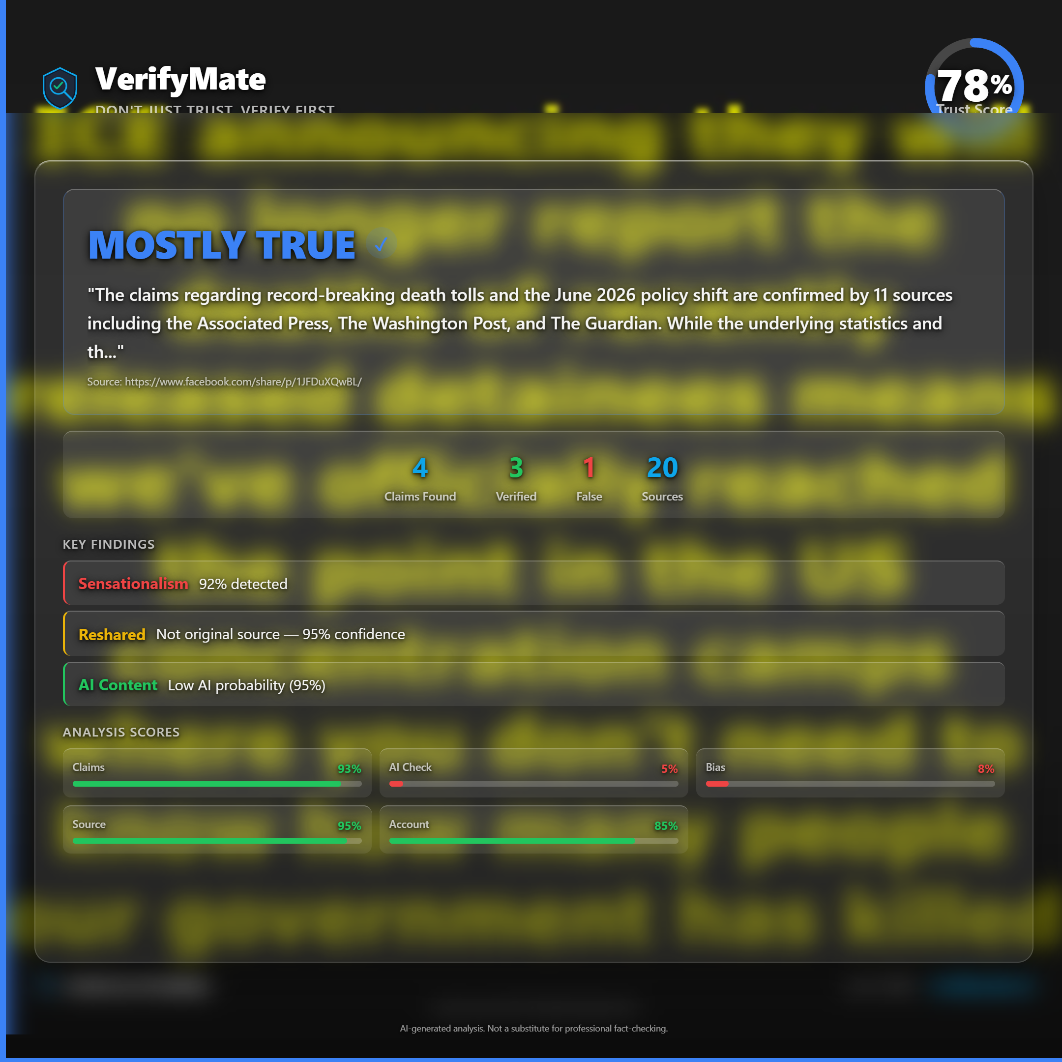 mostly true verification card — Trust Score 78/100