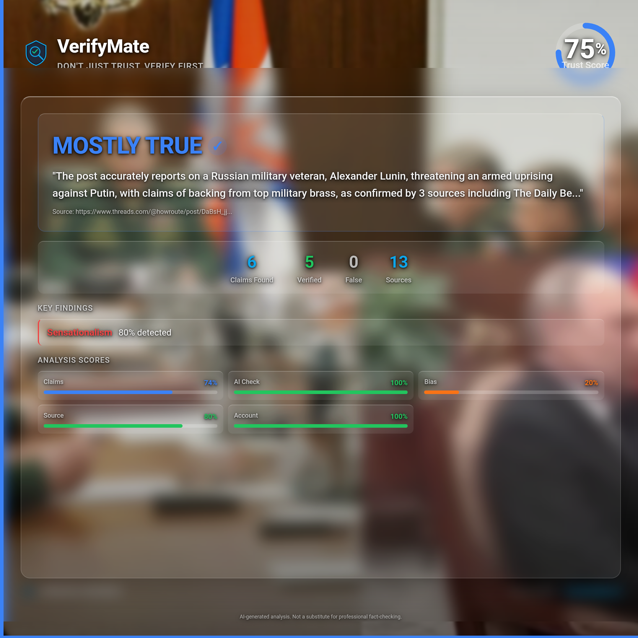 mostly true verification card — Trust Score 75/100