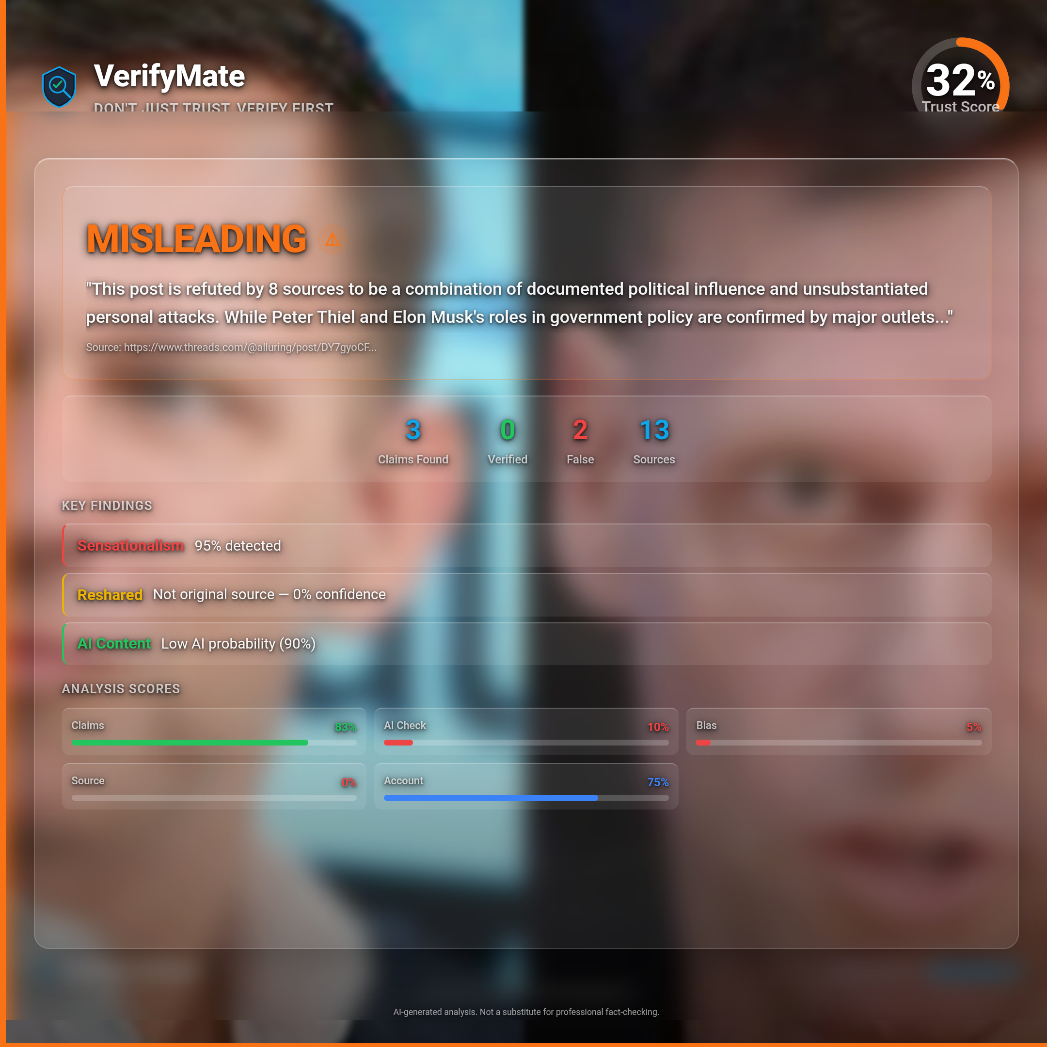 misleading verification card — Trust Score 32/100