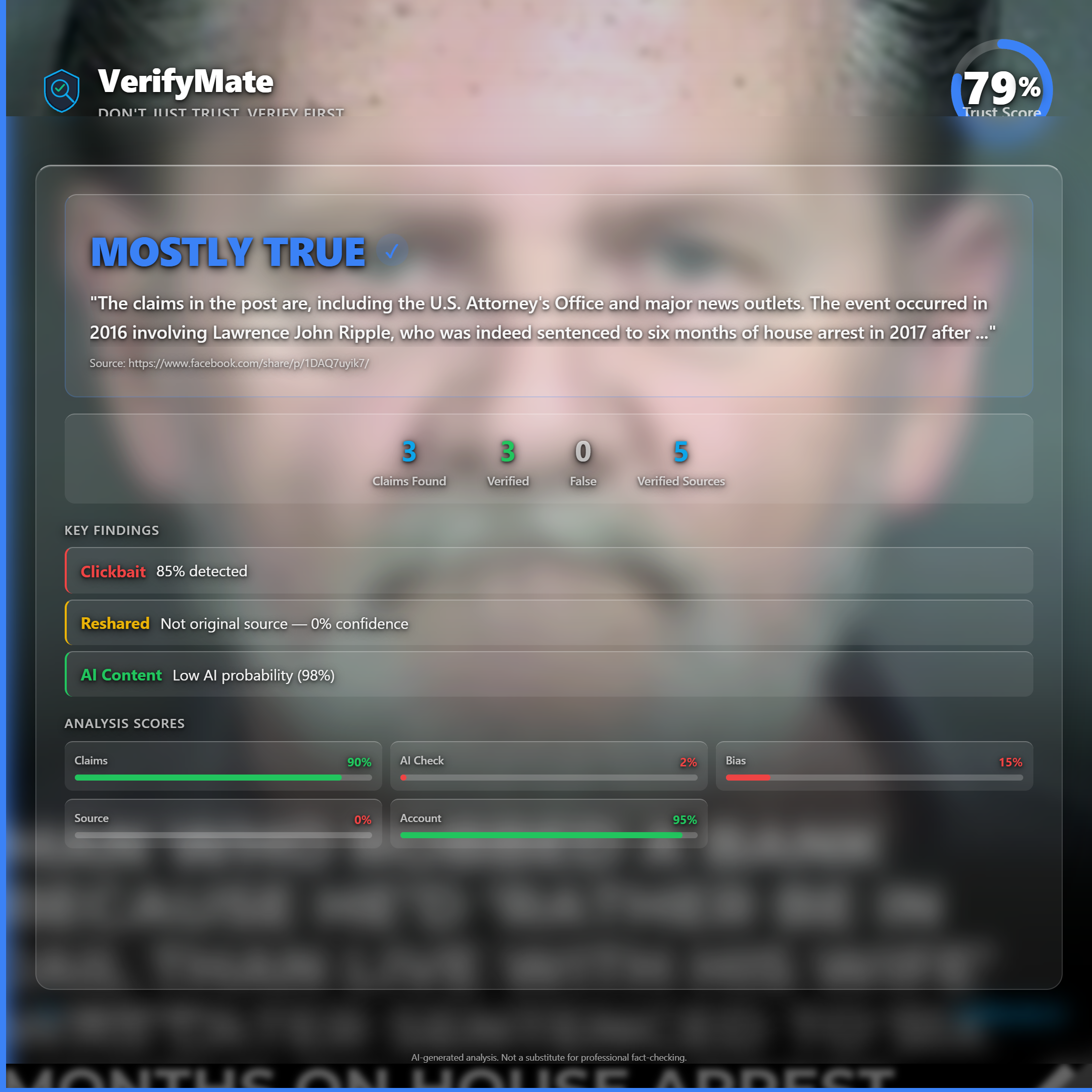 mostly true verification card — Trust Score 79/100