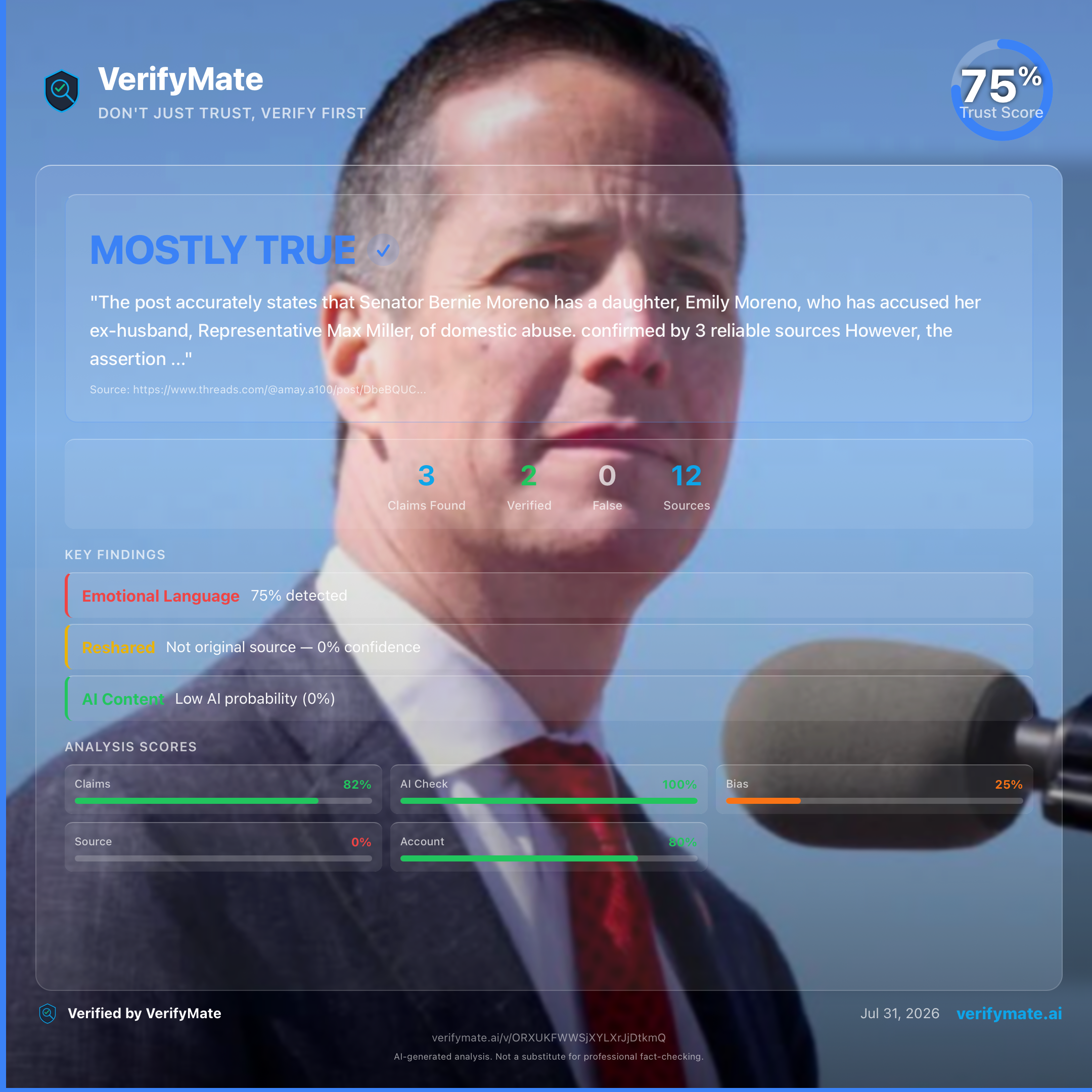 mostly true verification card — Trust Score 75/100