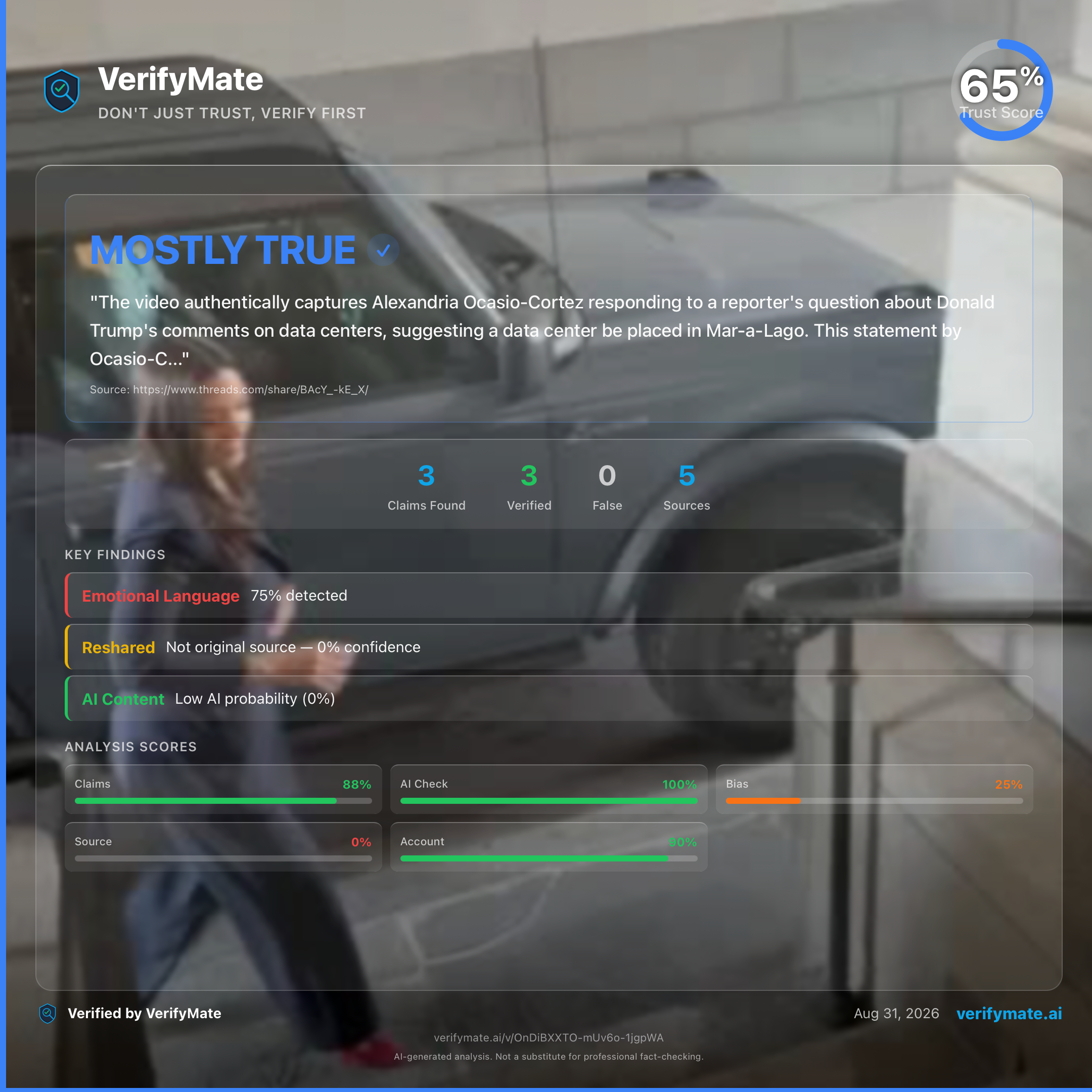 mostly true verification card — Trust Score 65/100