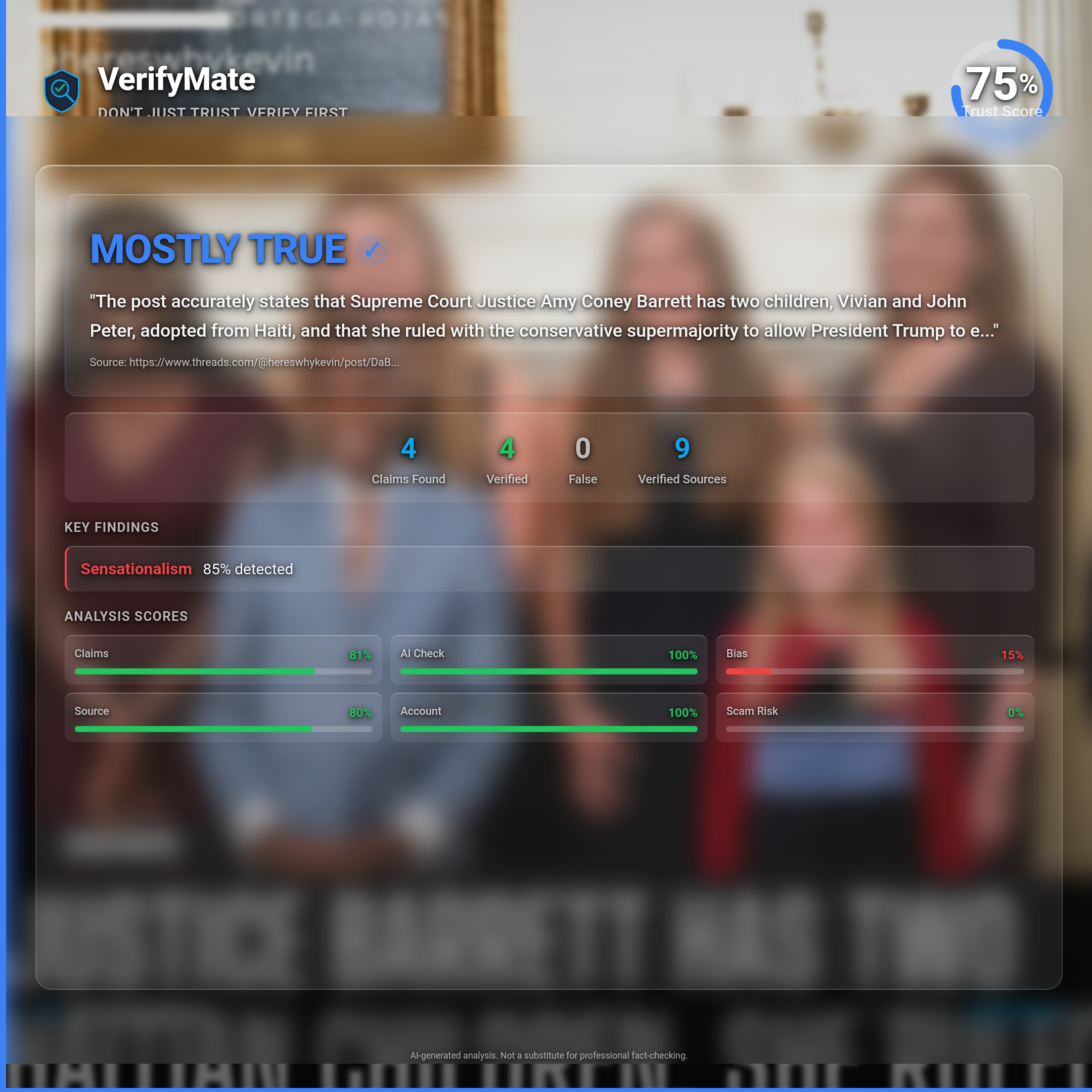 mostly true verification card — Trust Score 75/100