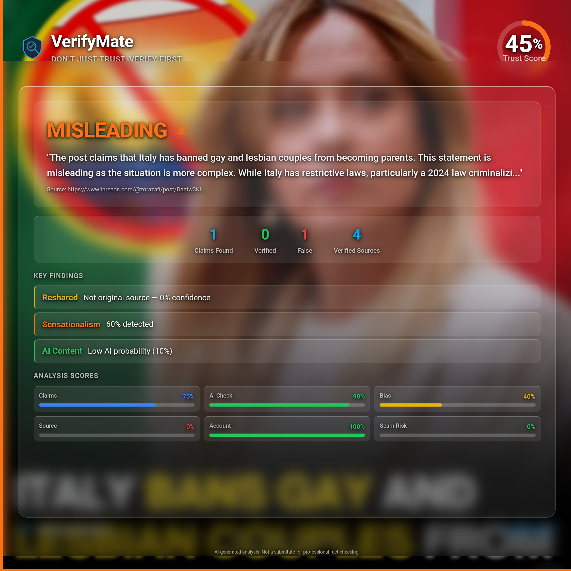 misleading verification card — Trust Score 45/100