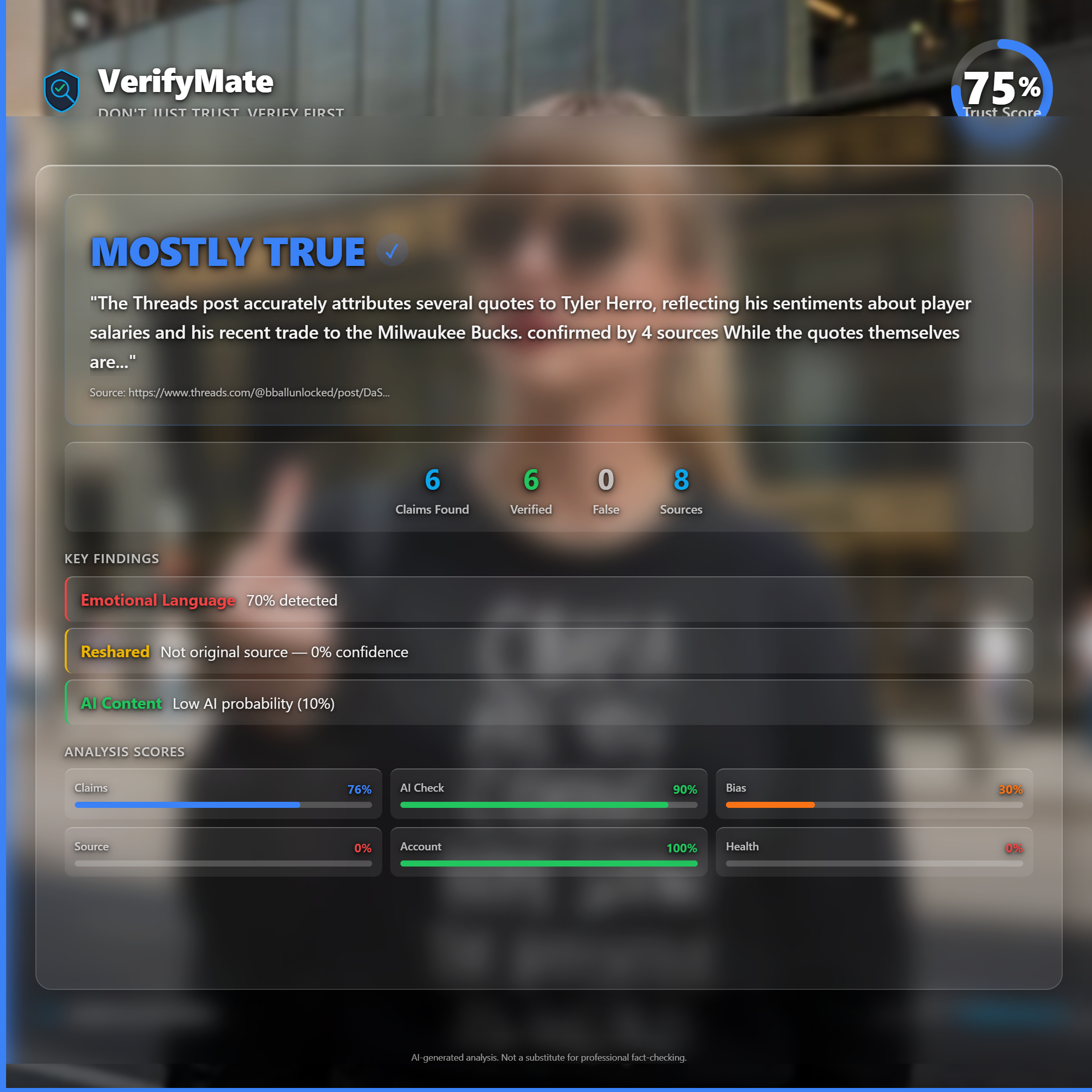mostly true verification card — Trust Score 75/100