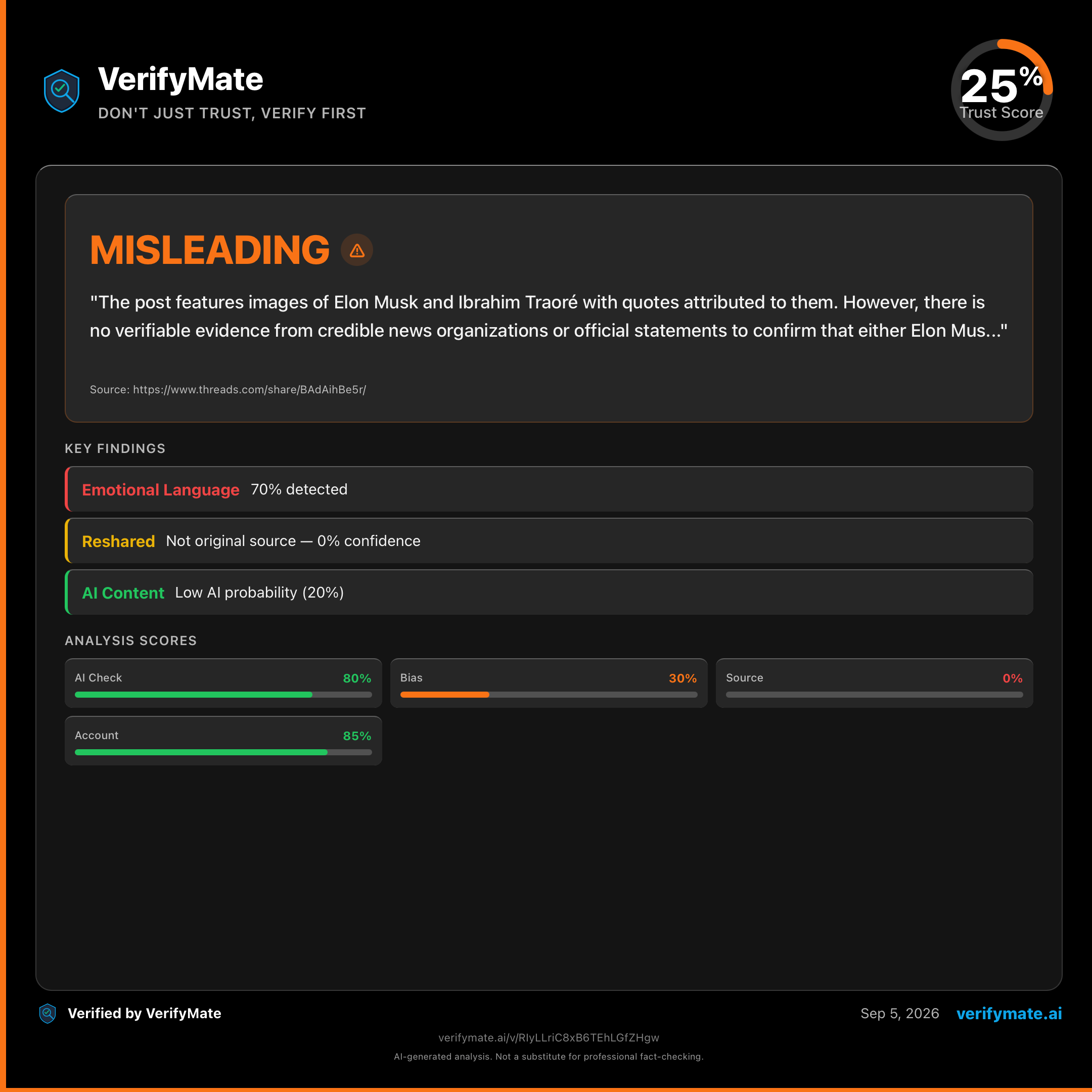 misleading verification card — Trust Score 25/100