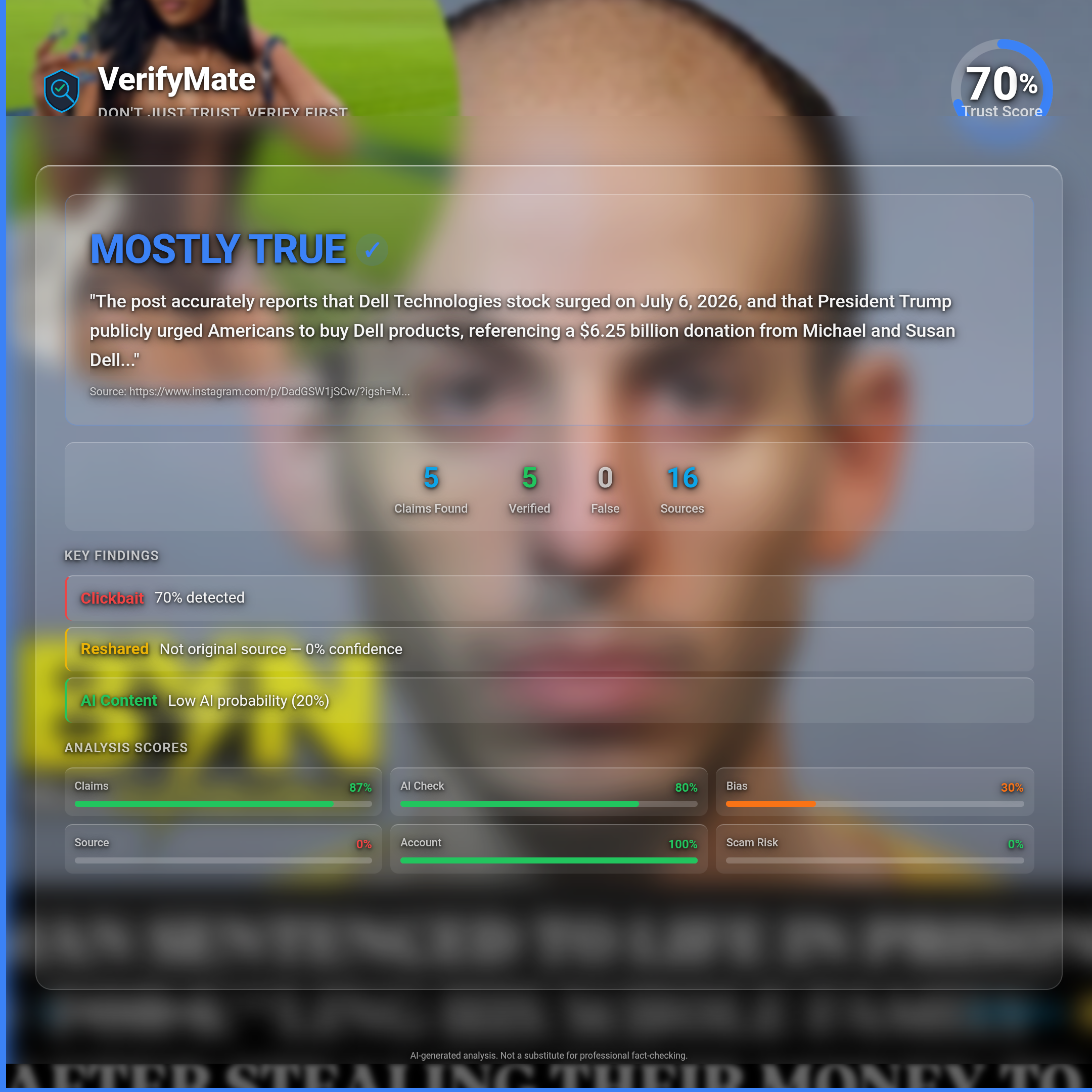 mostly true verification card — Trust Score 70/100