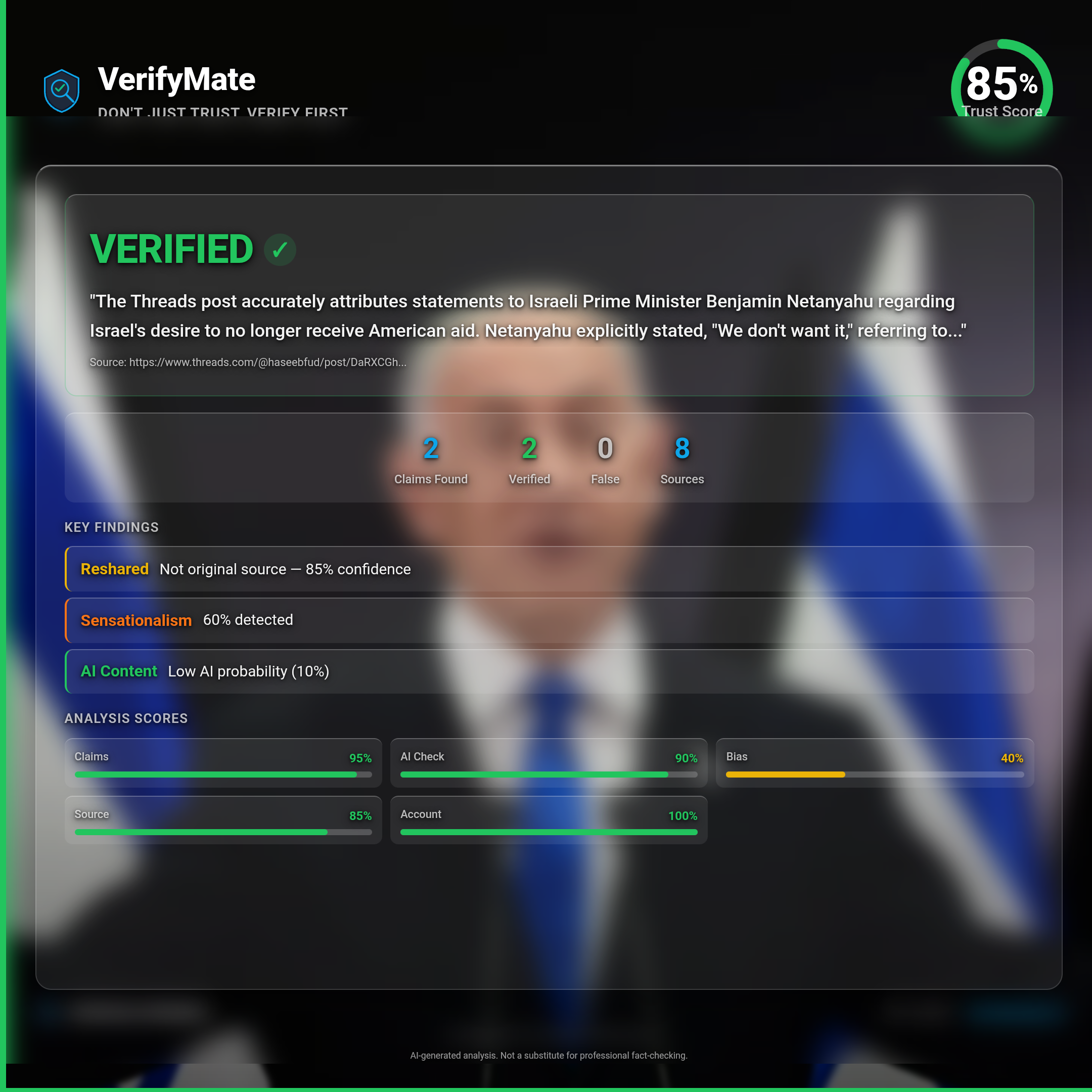verified verification card — Trust Score 85/100