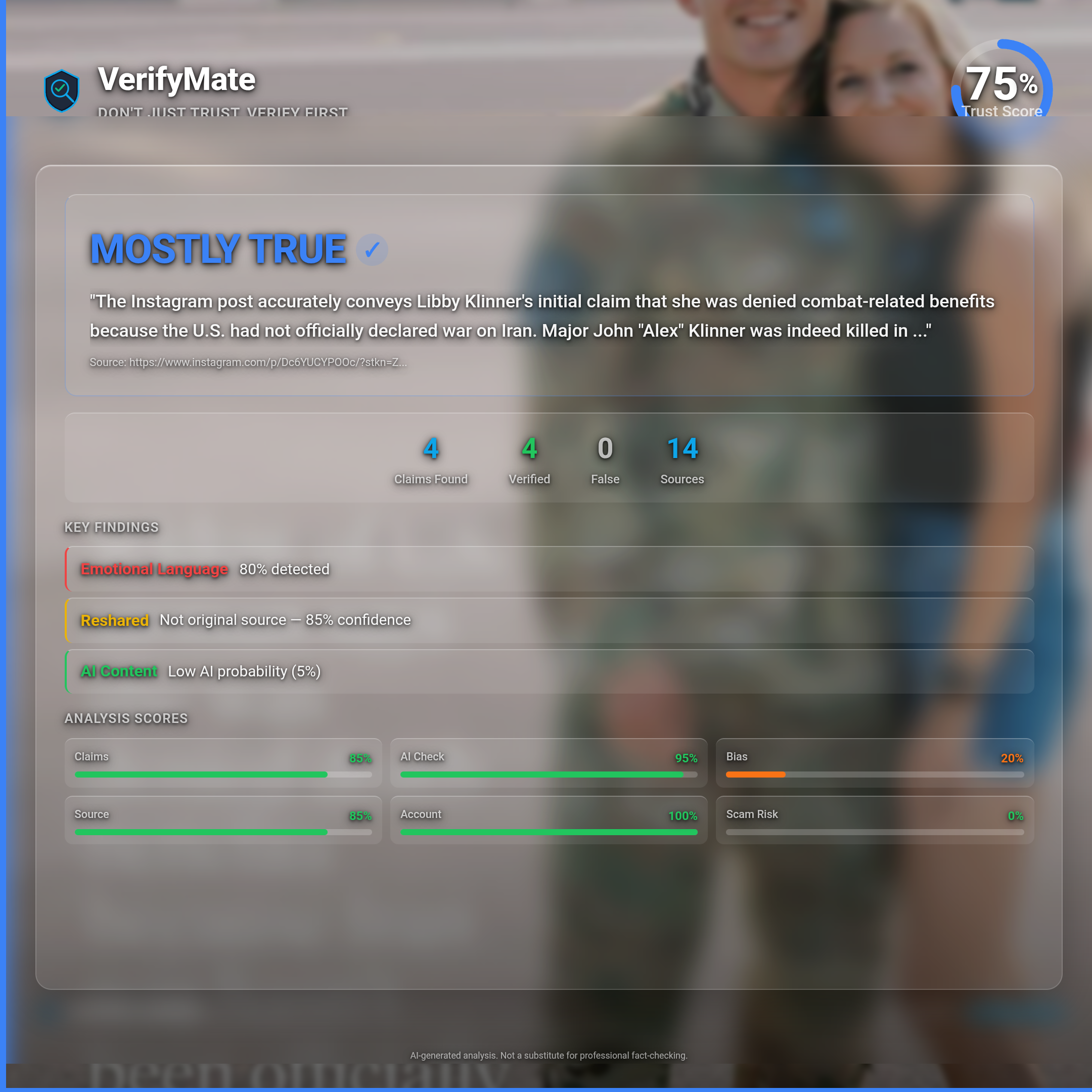 mostly true verification card — Trust Score 75/100