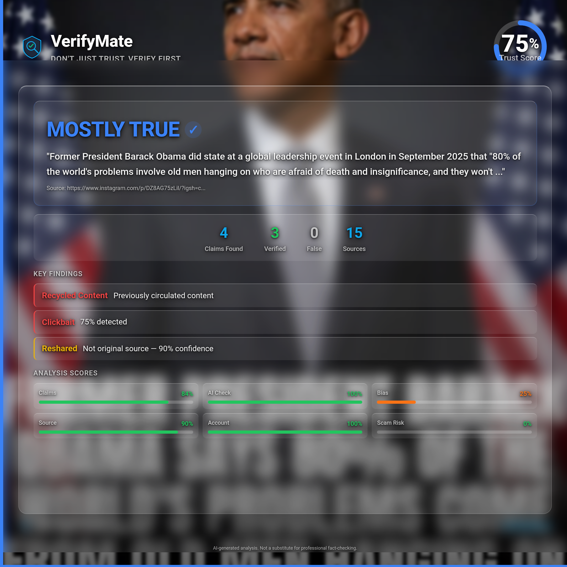 mostly true verification card — Trust Score 75/100