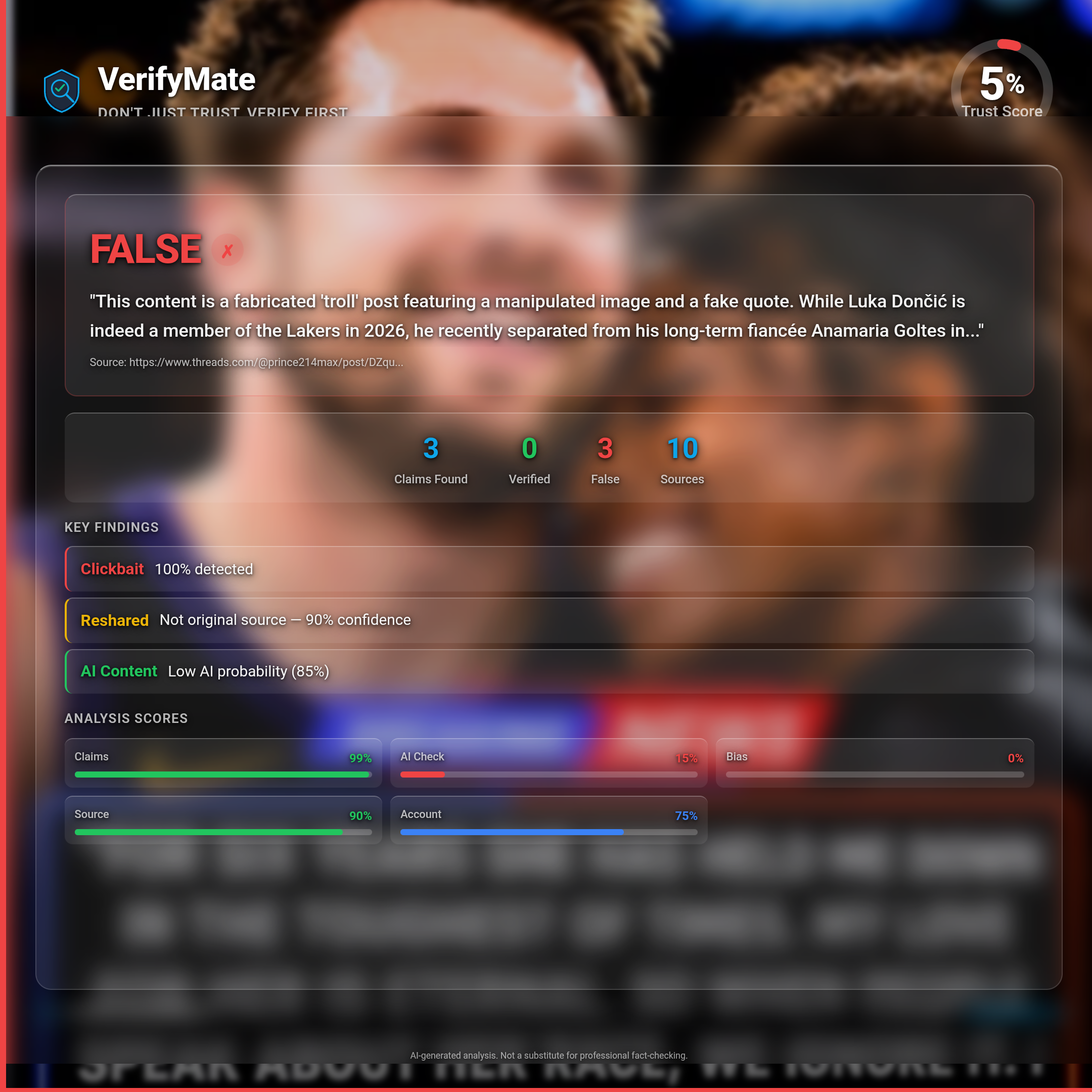 false verification card — Trust Score 5/100