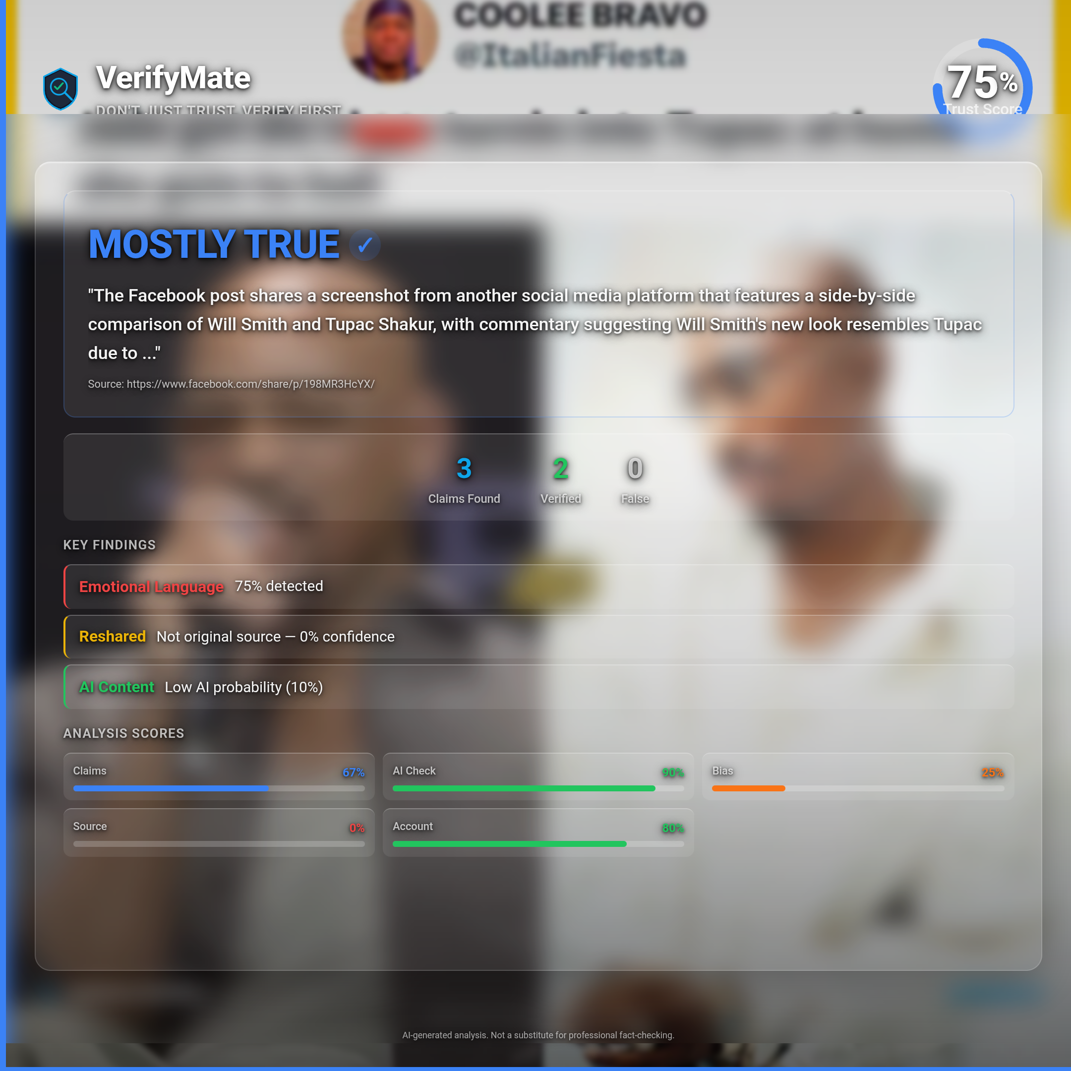 mostly true verification card — Trust Score 75/100