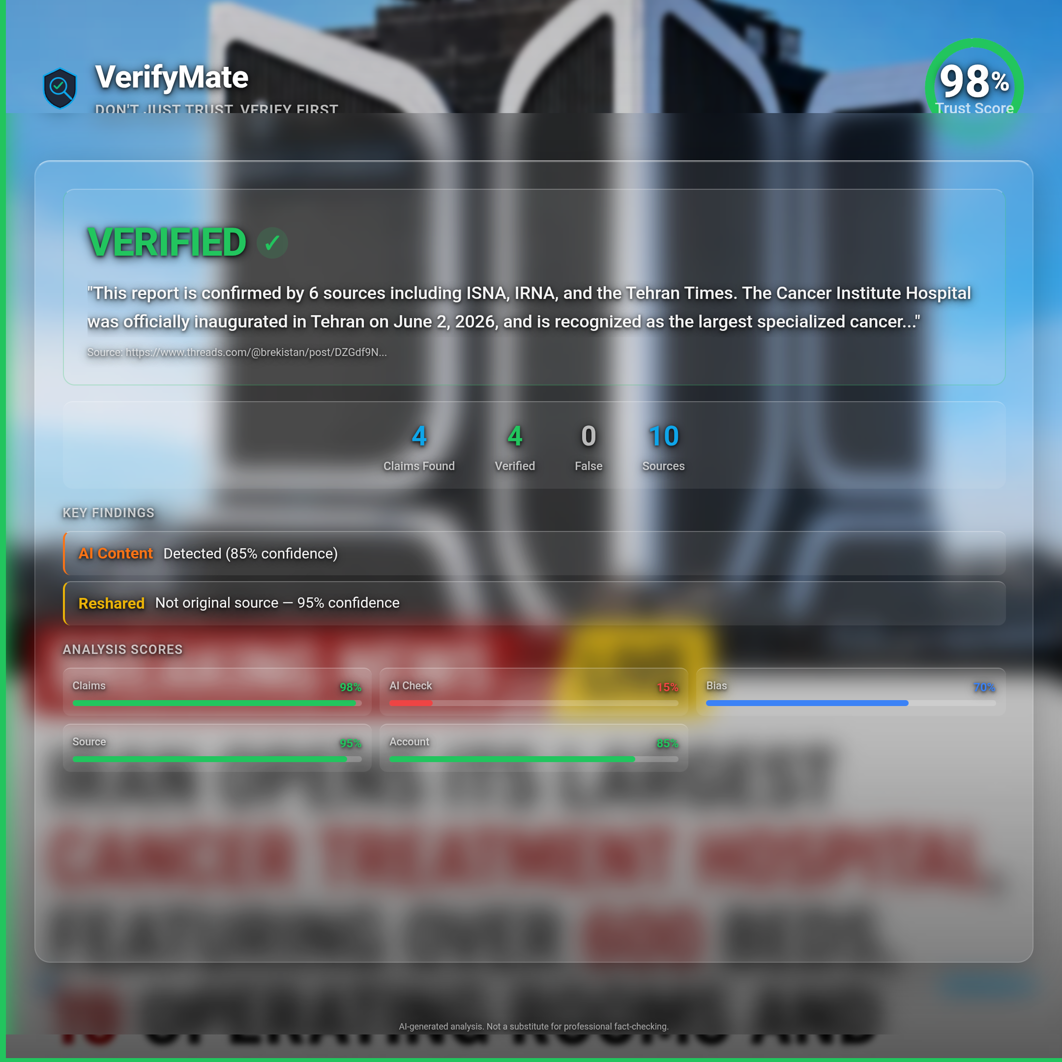 verified verification card — Trust Score 98/100
