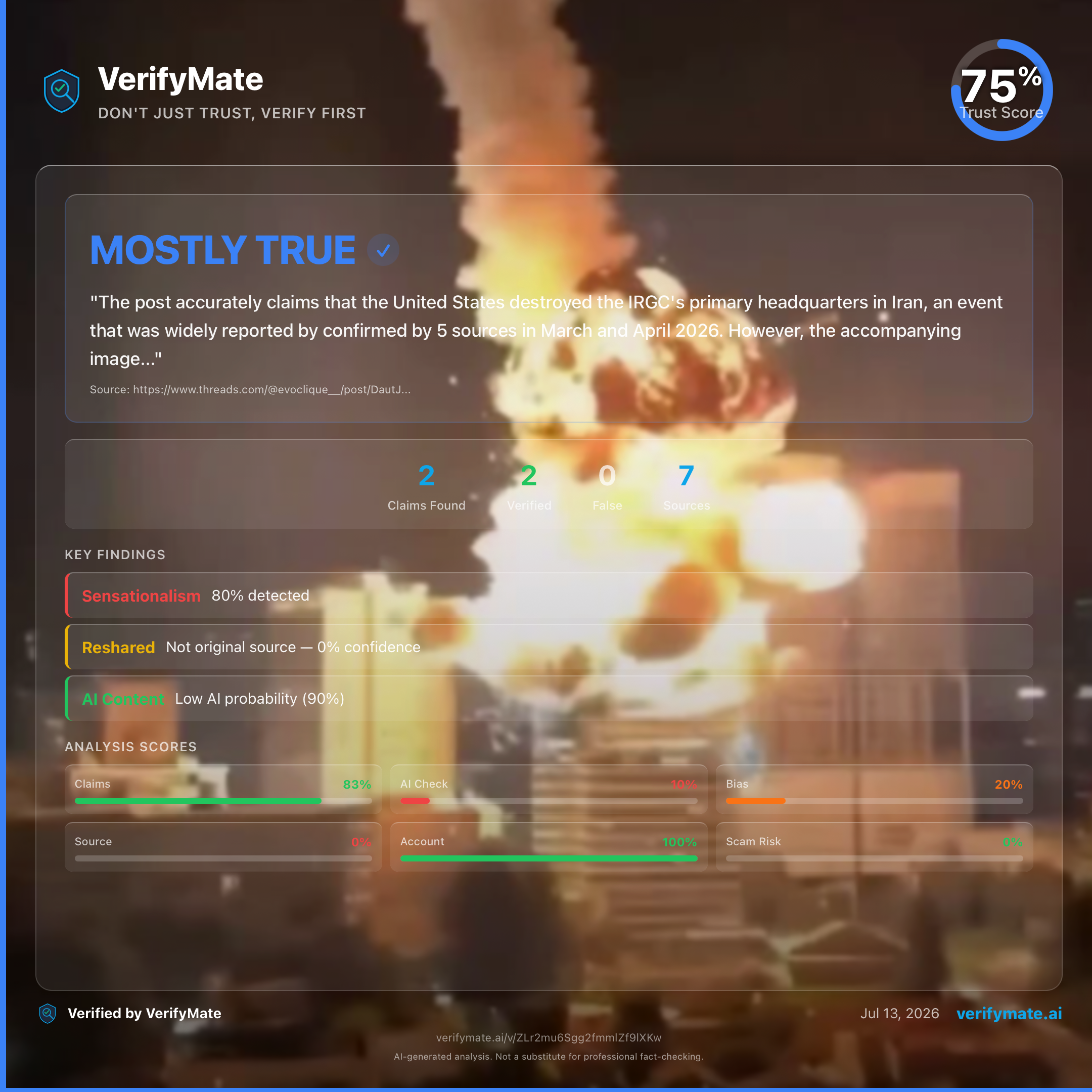 mostly true verification card — Trust Score 75/100