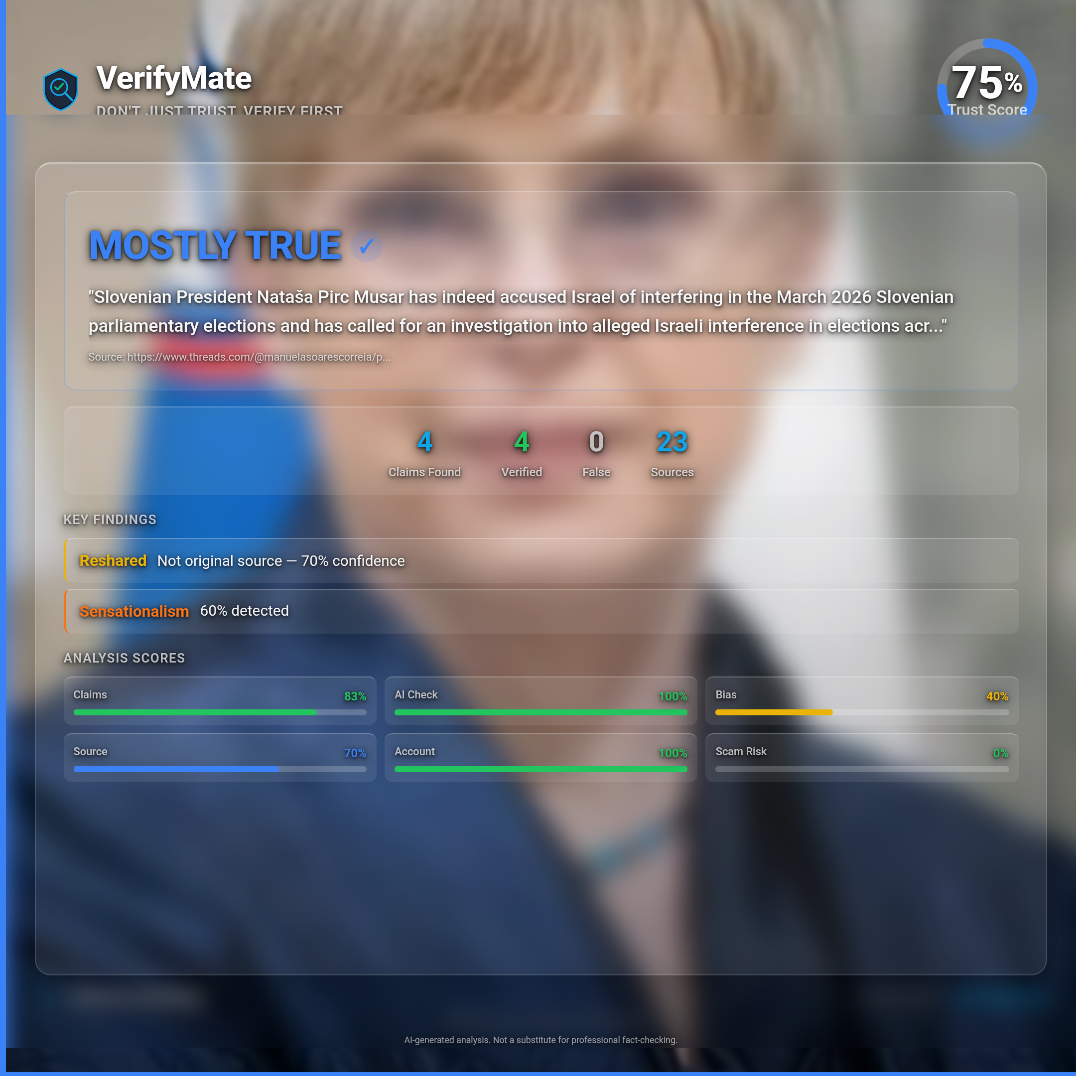 mostly true verification card — Trust Score 75/100