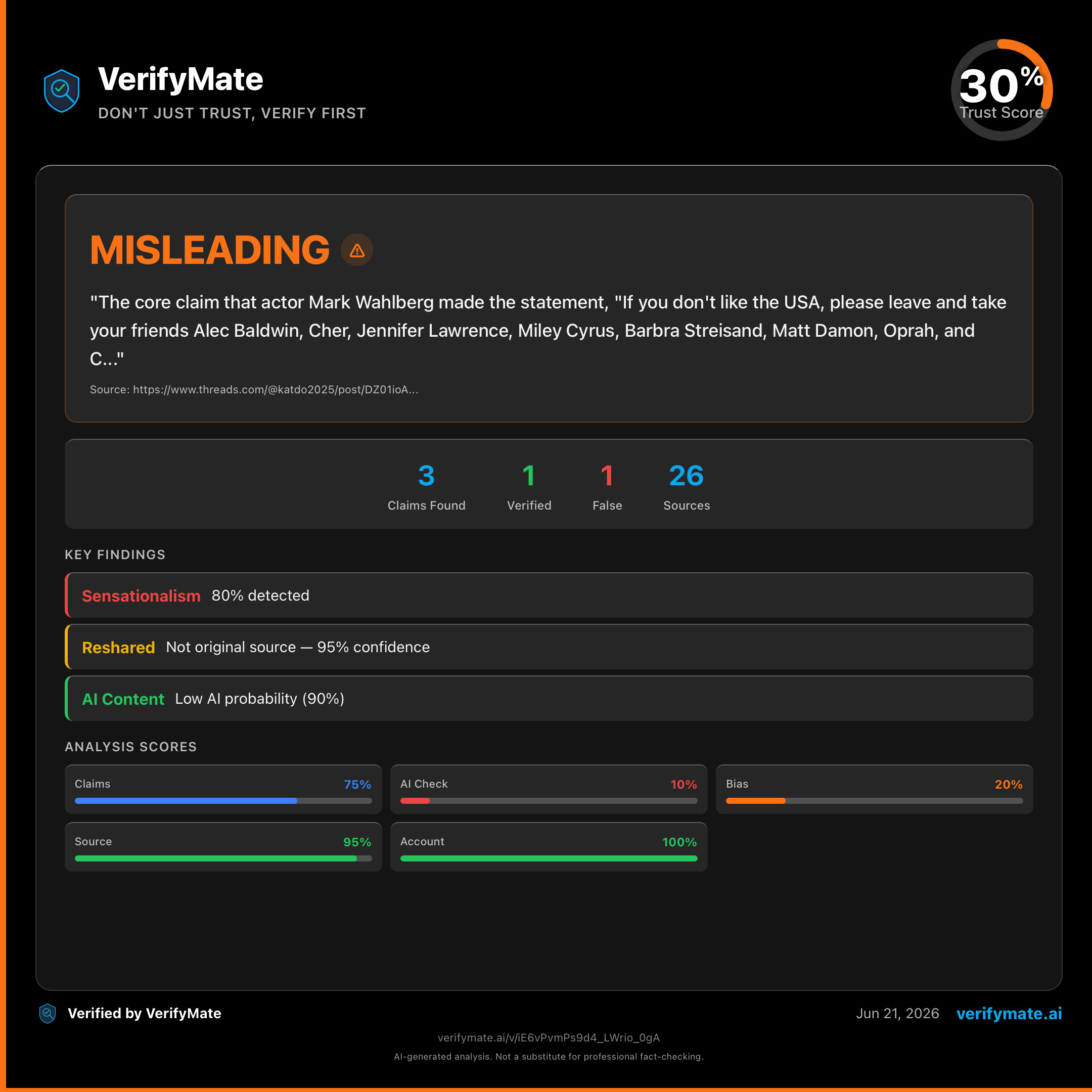 misleading verification card — Trust Score 30/100